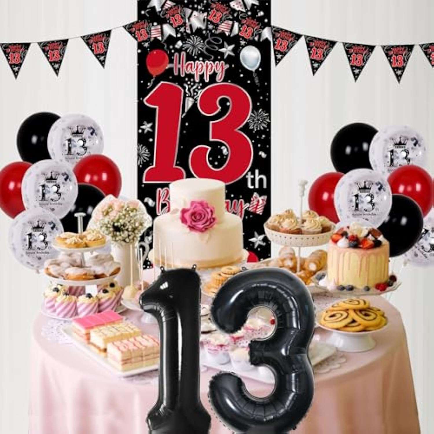 36pcs Red Black 13th Birthday Decorations with Banner, Balloons & Flags