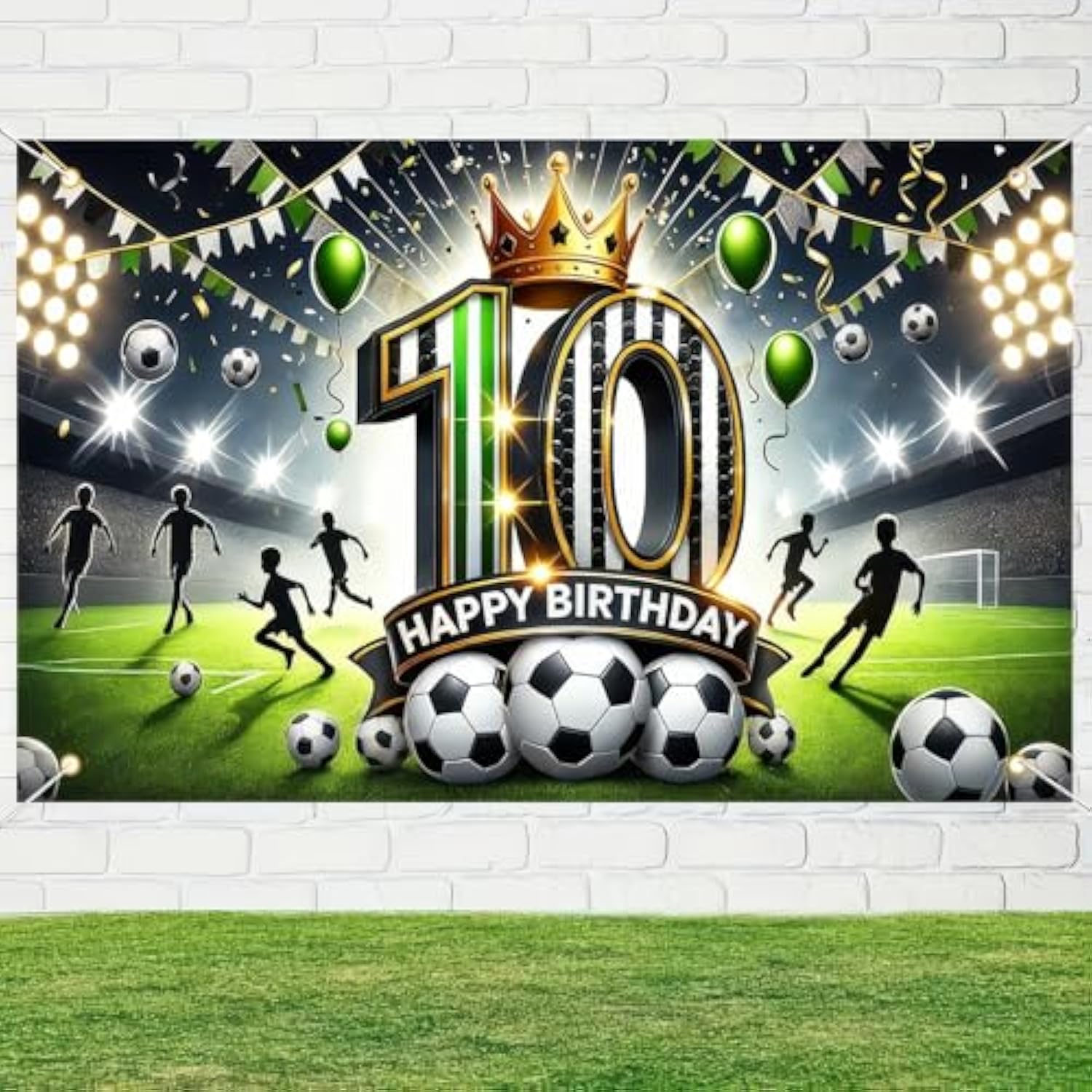 Happy 10th Birthday Soccer Banner Party Backdrop & Photo Props for Boys & Girls
