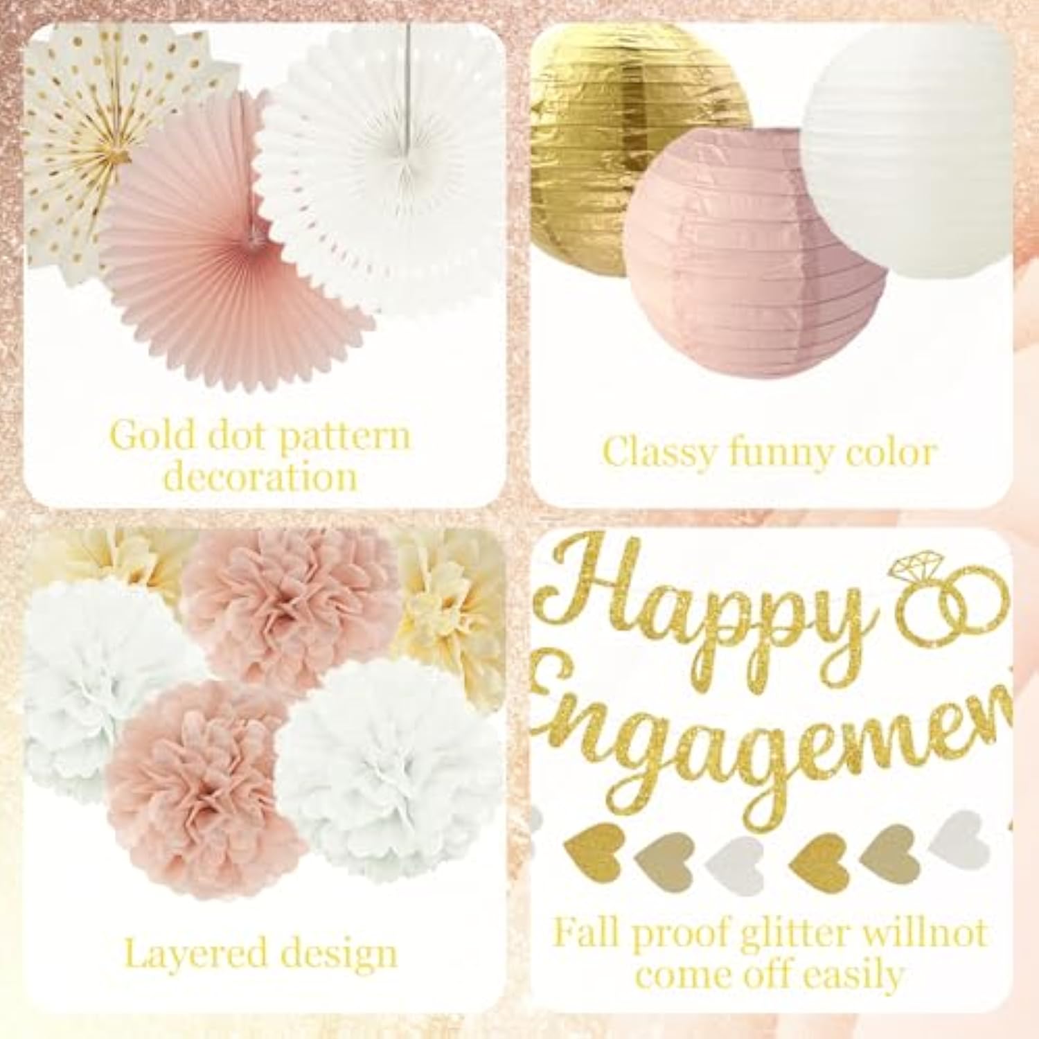 Champagne Gold Engagement Party Decorations - Engagement Banner, Heart Party Garlands, Tissue Paper Pom Poms, Fans And Lanterns Kit For Congratulations, Boho Engaged Decorations