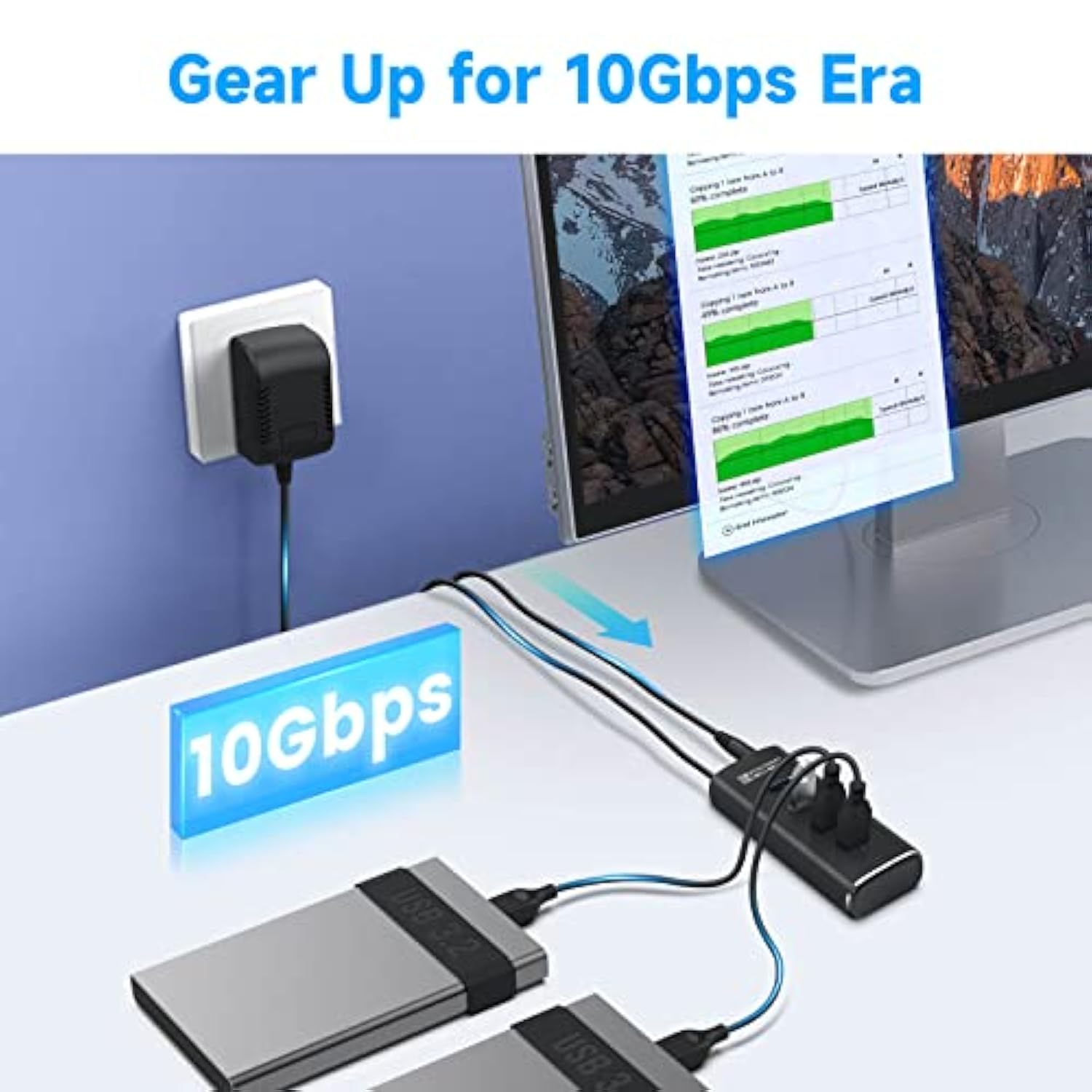 Powered Usb Hub, 4 Ports Usb 3.1/3.2 Gen 2 Hub 10Gbps With 3.3Ft Data Cable, 5