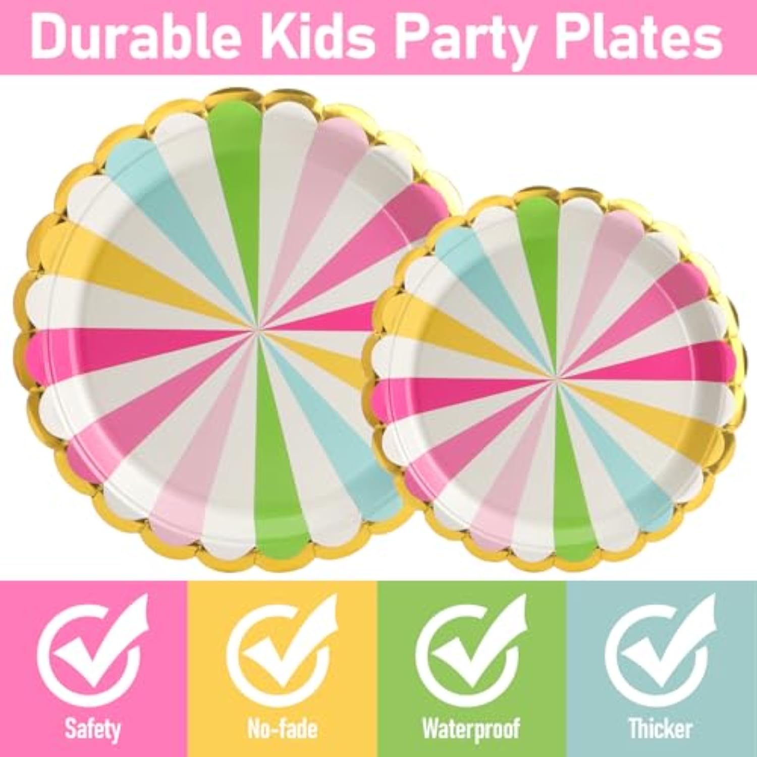 96Pcs Colorful Party Paper Plates With Gold Scalloped Edge, Colorful Scalloped 9Inch 7Inch Dessert Paper Plates Party Supplies For Birthday Bridal Shower Picnic, Serve For 24 Guests, Striped