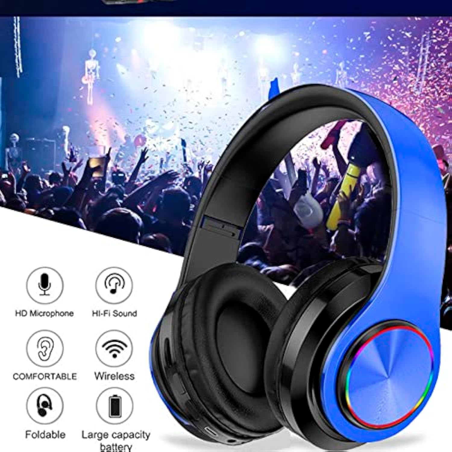 Kids Bluetooth Over Ear Headphones, Colorful Led Lights Headphones With Built-