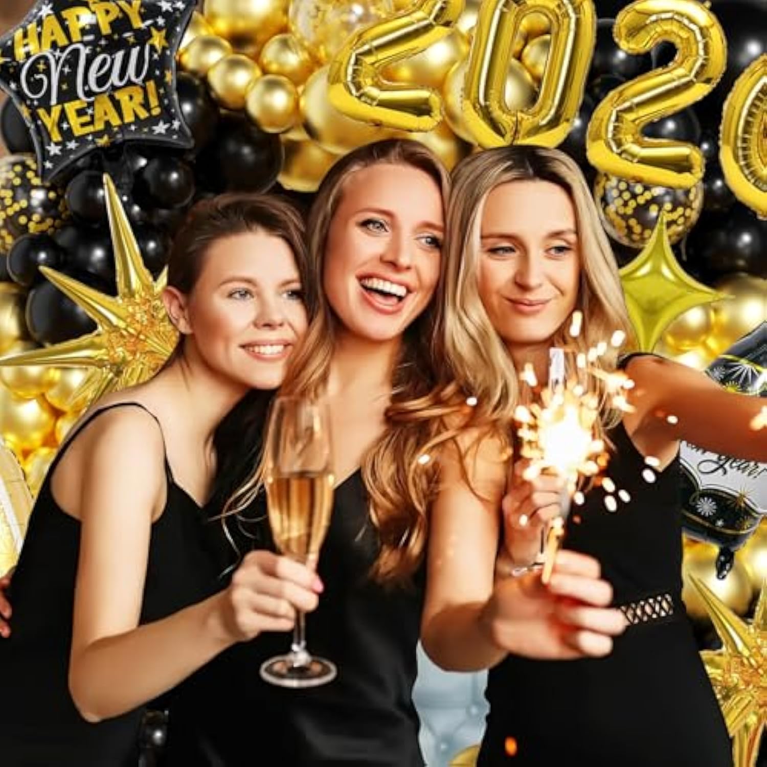 Black Gold New Year 2026 Party Set with Balloons, Banner & Fringe Backdrop