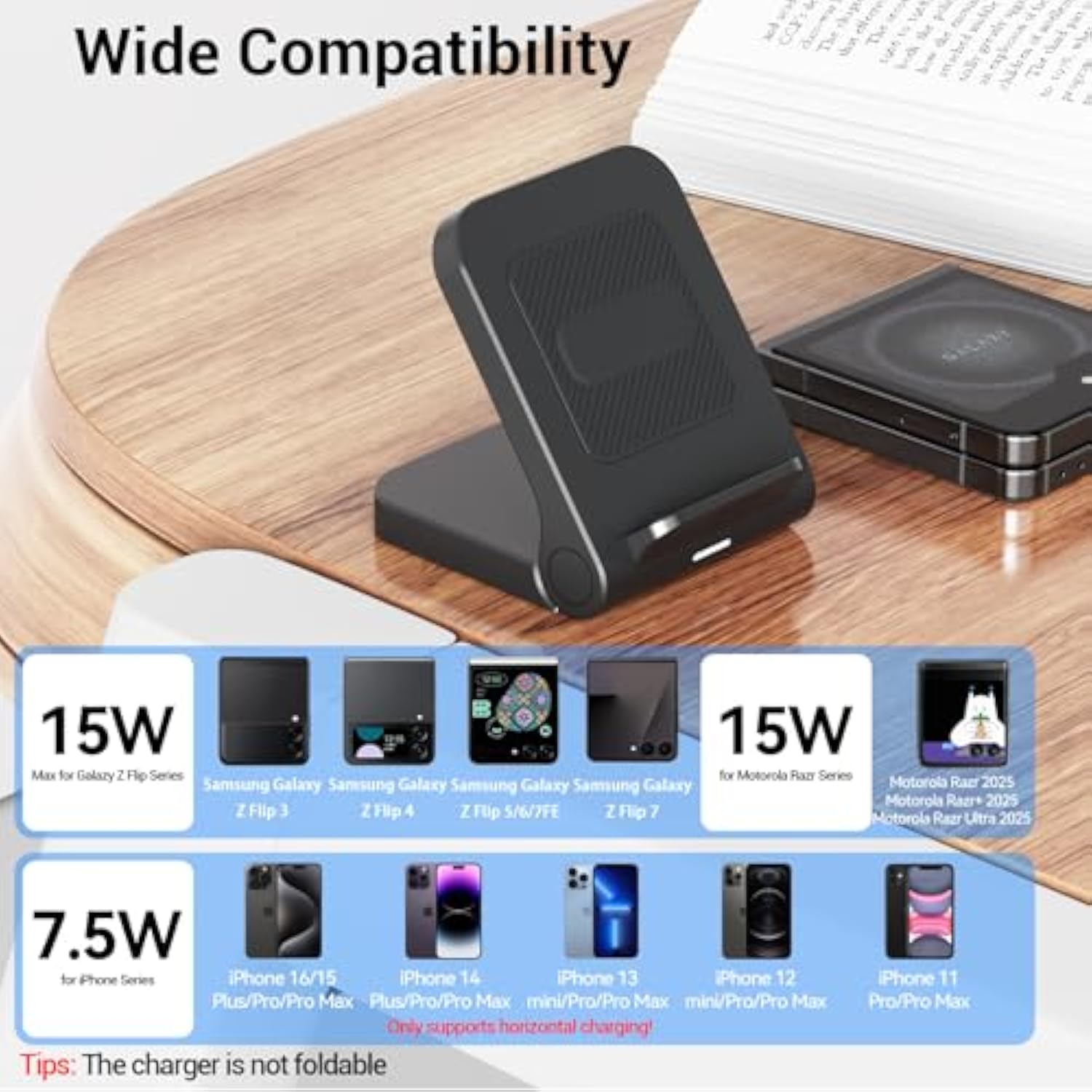 For Samsung Galaxy Z-Flip Wireless Charger: Galaxy Z Flip 6/5/4/3 Charging Stand, 15W Fast Wireless Charger For Galaxy Z Flip6/Z Flip5/Z Flip4, Razr+(5W) Non-Fold(Qc3.0 Adapter Included) Black