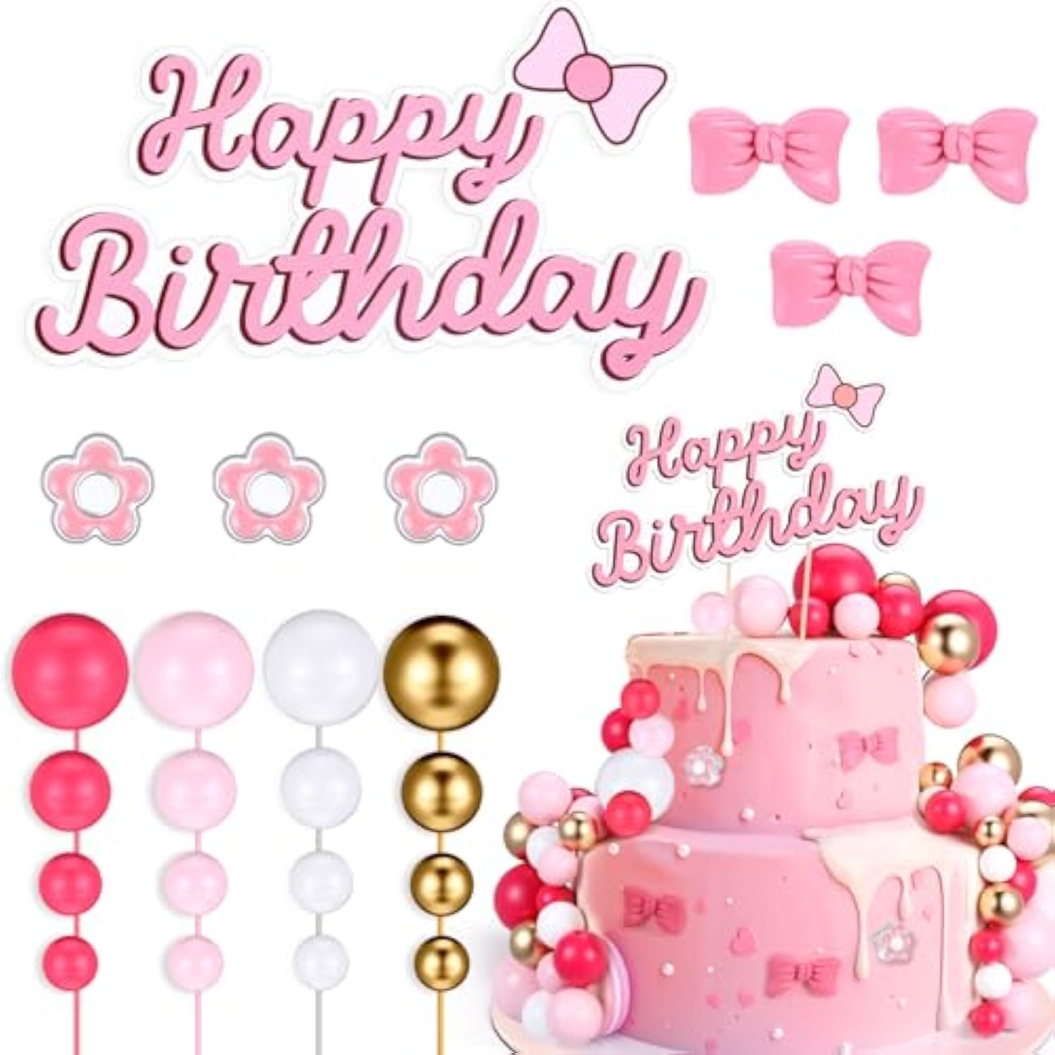 61pcs Cartoon Cat Cake Toppers — Pink Birthday & Baby Shower Party Decor