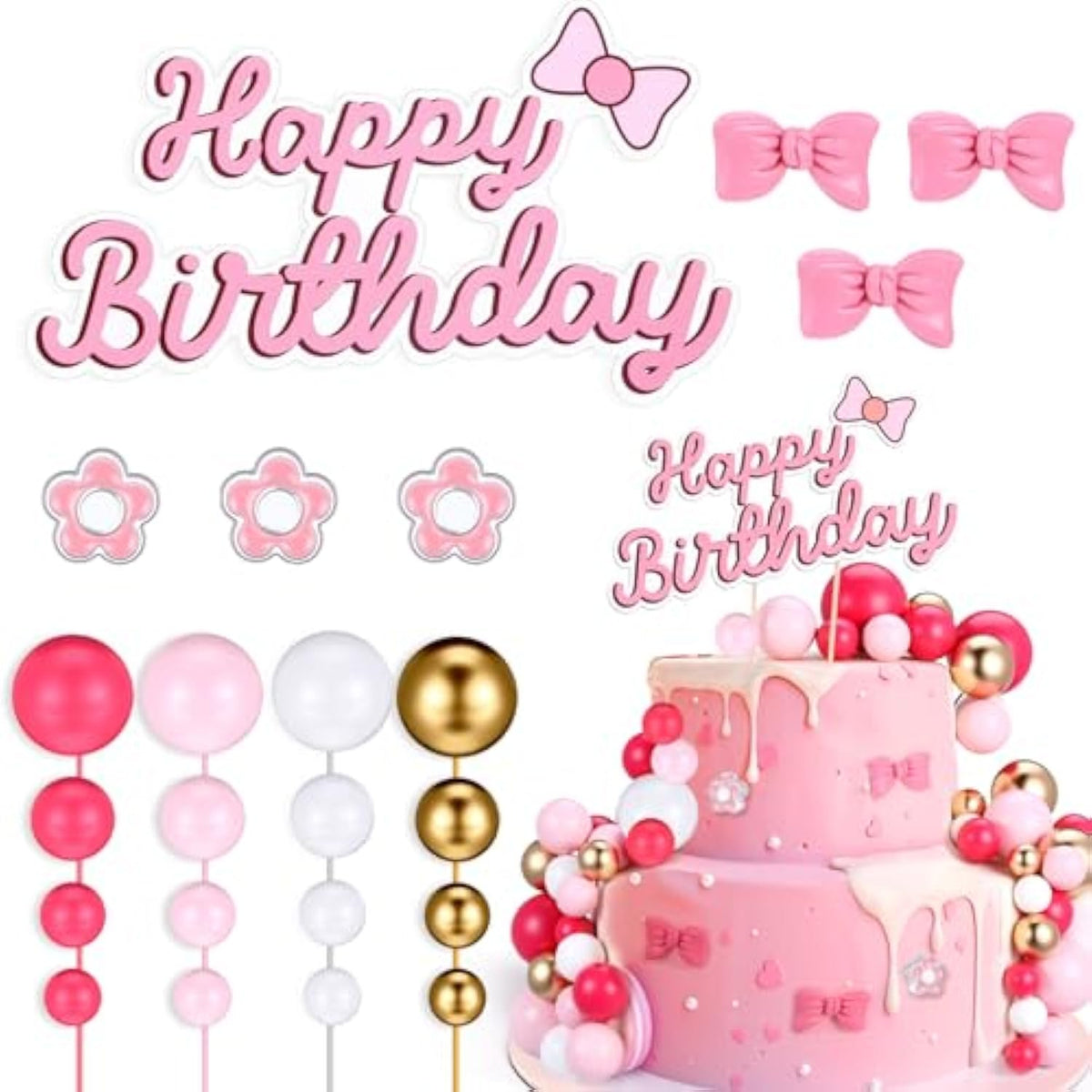 61pcs Cartoon Cat Cake Toppers — Pink Birthday & Baby Shower Party Decor