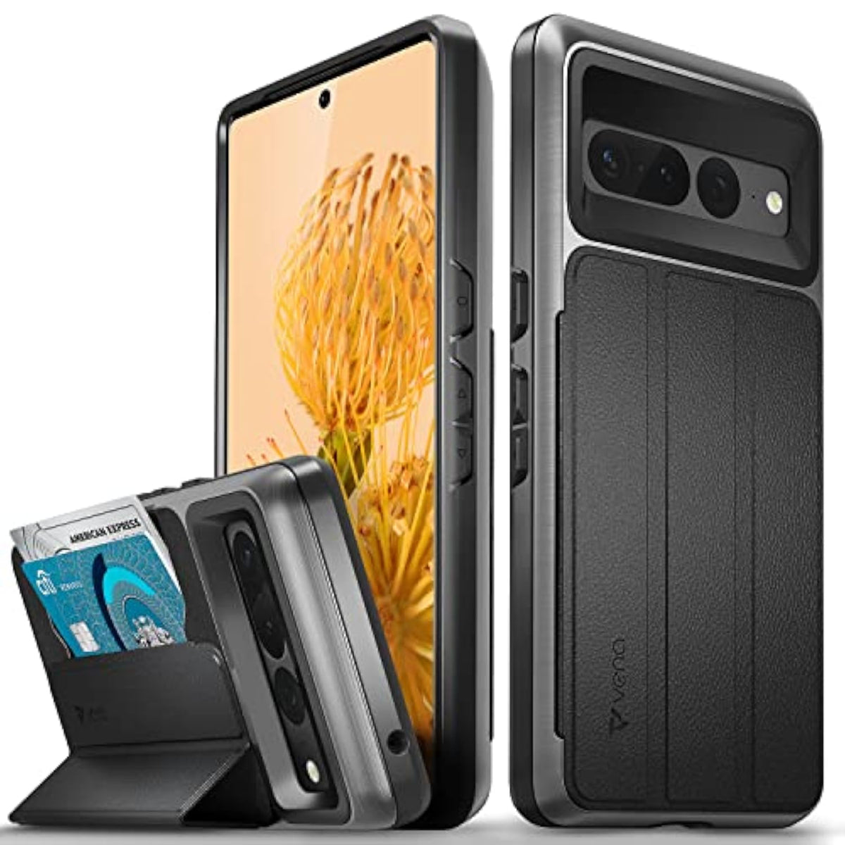 VENA vCommute for Google Pixel 7 Pro Wallet Case, [Military Grade Drop Protection] (2022) Flip Leather Cover Slot Card Holder with Kickstand - Black
