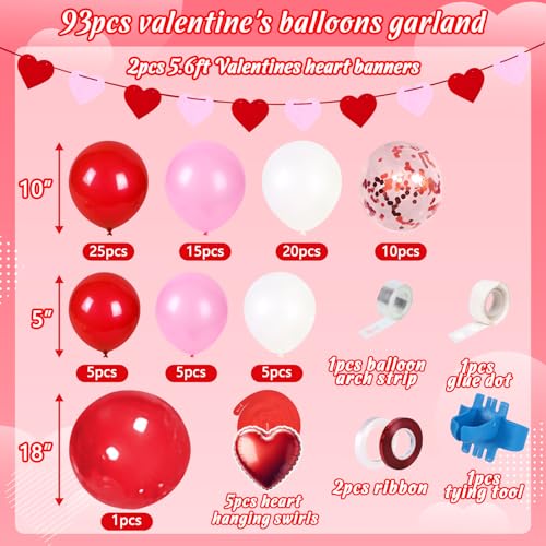 93PCS Valentines Day Balloon Garland Arch Kit Decorations - Valentine's Heart Hanging Swirls & Banners, Valentine Wedding Galentines Decor for The Home Party(Assembly Needed,No air Pump)