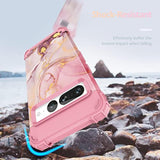 For Pixel 7 Pro - Marble Rose Gold 3 In 1 Hard Pc Silicone Rugged Bumper Heavy Duty Shockproof Antiscratch Military Fullbody Protective Case, 6.7"