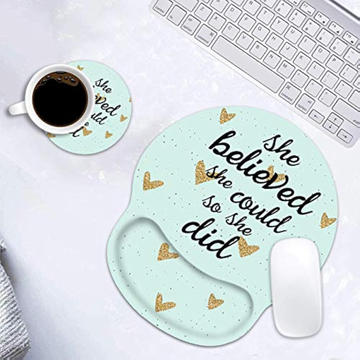 Ergonomic Mouse Pad Wrist Support And Cute Coffee Coaster, She Believed She Could So She Did Inspirational Quote Wrist Rest Mouse Pad With Non-Slip Pu Base For Computer Laptop Home Office