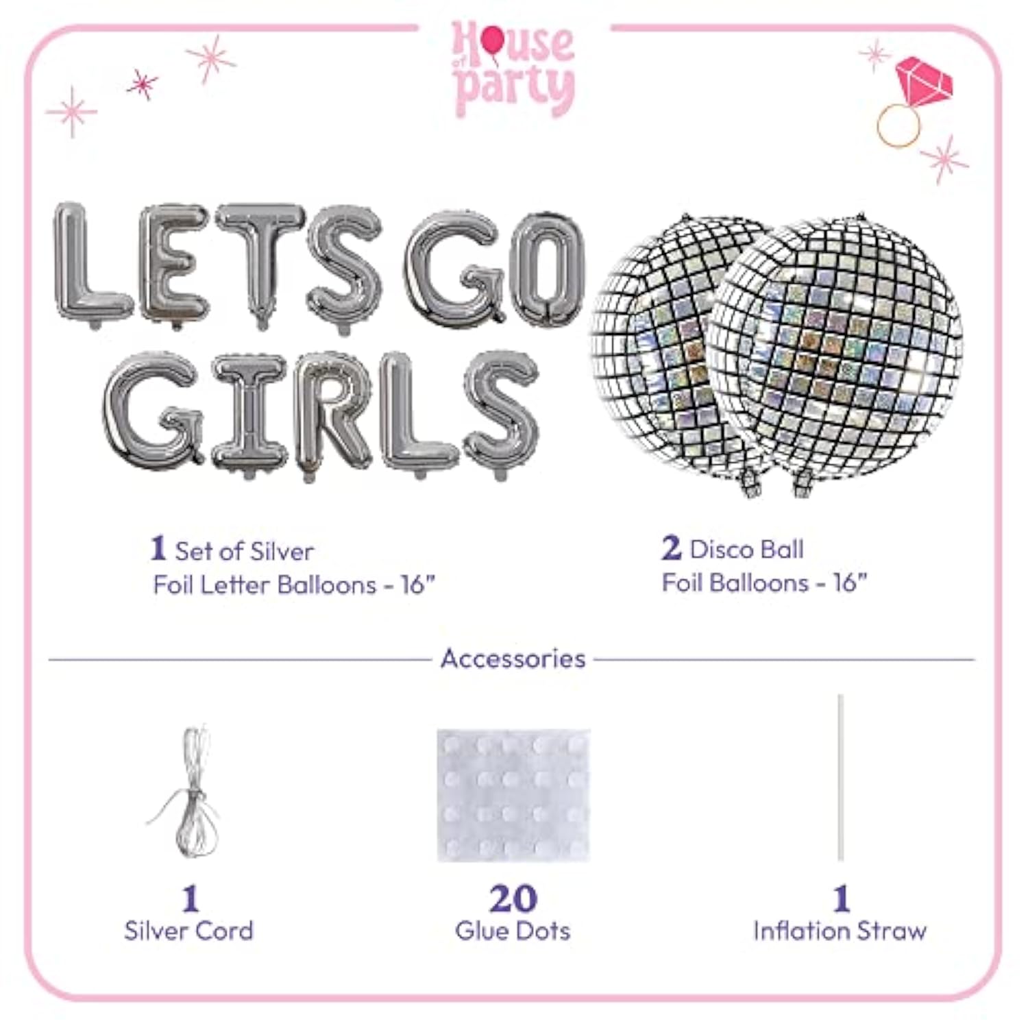 Lets Go Girls Foil Balloons 16" Silver Letter Balloons Disco Ball Bachelorette Party Bach Party Decorations