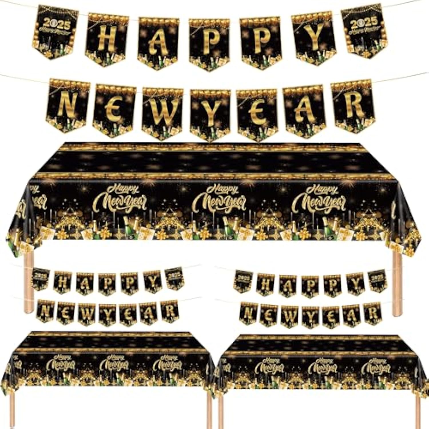 3 Pack Black Gold Happy New Year 2025 Tablecloths and Banners