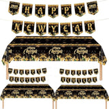 3 Pack Black Gold Happy New Year 2025 Tablecloths and Banners