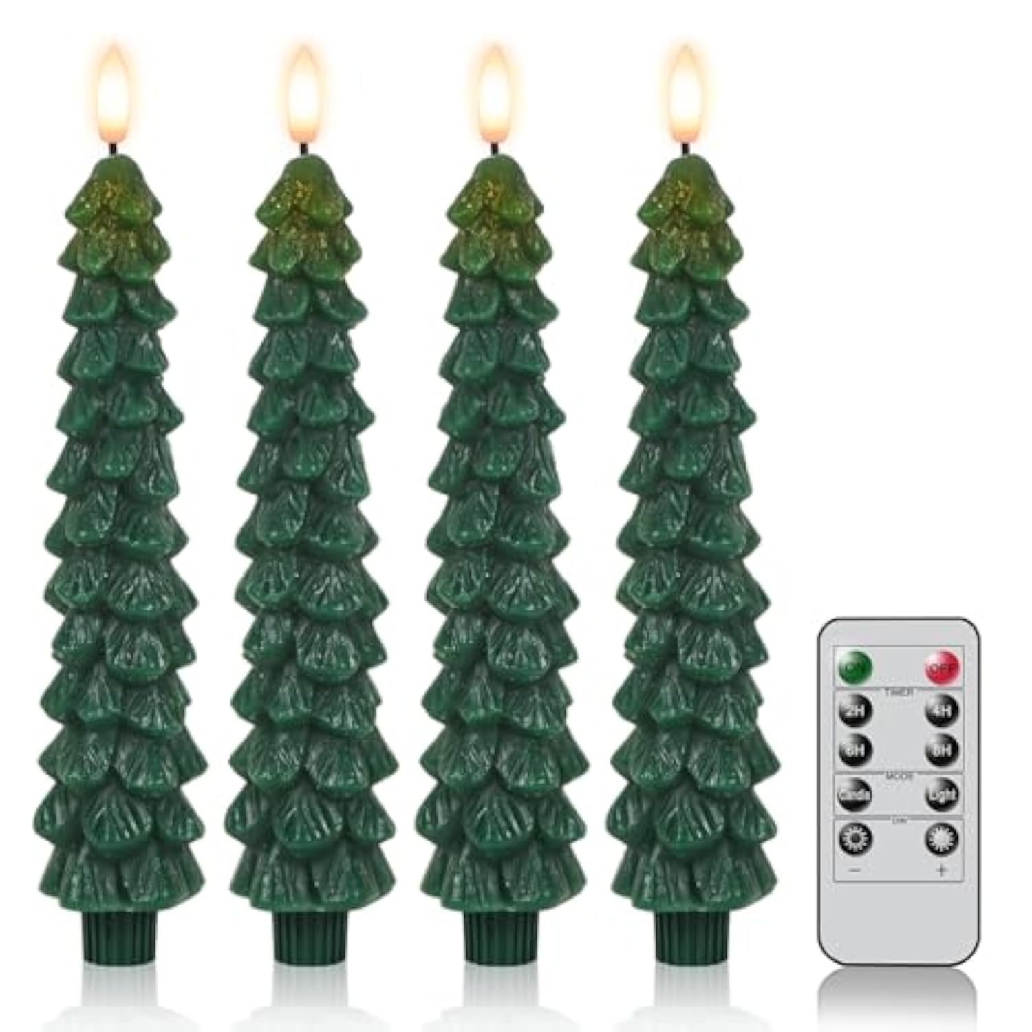 Christmas Tree Flameless Taper Candles Battery Operated With 10-Key Remote And Timer Real Wax Led Taper Candles 3D Wick Flickering Lifelike Leaves Dinner Xmas Holiday Decoration Set Of 4