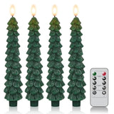 Christmas Tree Flameless Taper Candles Battery Operated With 10-Key Remote And Timer Real Wax Led Taper Candles 3D Wick Flickering Lifelike Leaves Dinner Xmas Holiday Decoration Set Of 4