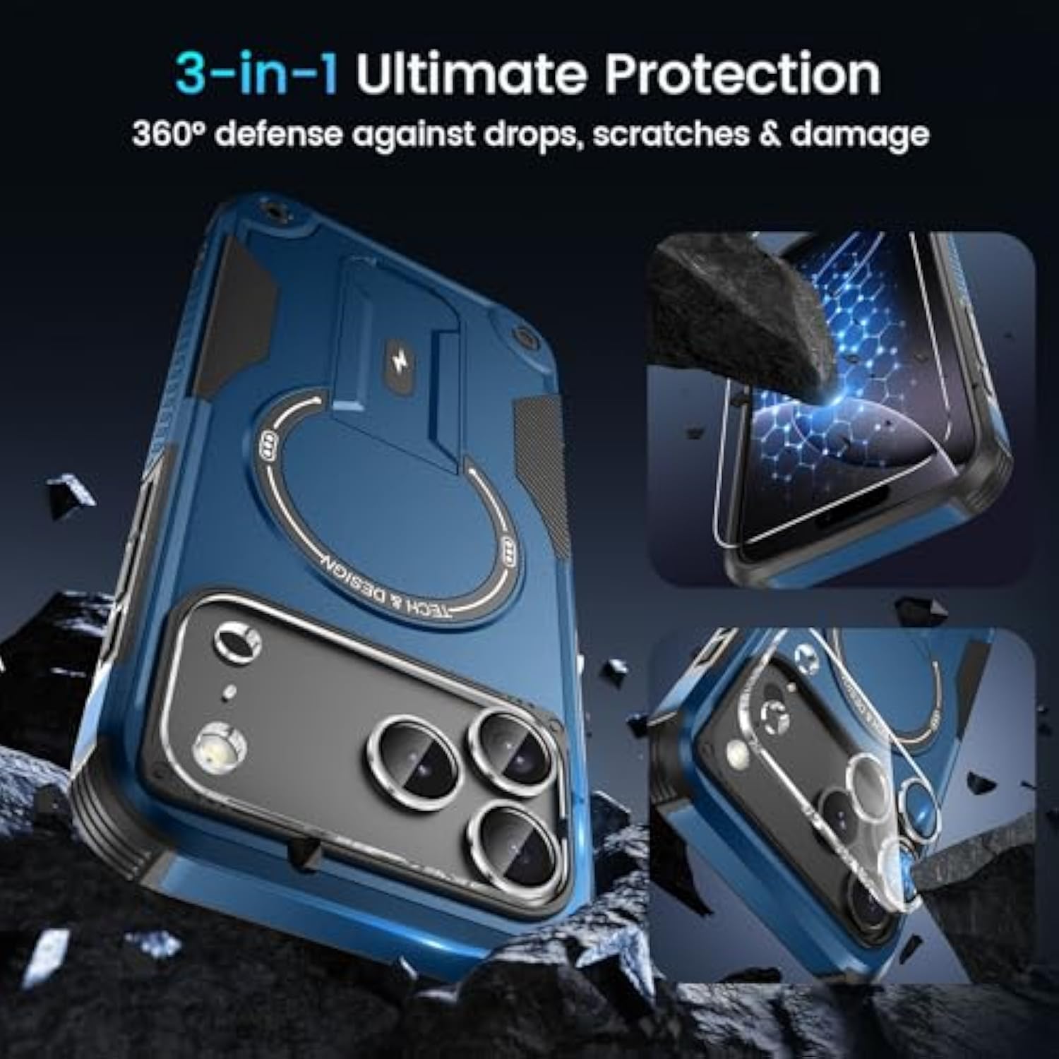 3 In 1 For Iphone 17 Pro Max Case [Compatible With Magsafe] [Invisible Kickstand] [Hd Screen Protector] [Camera Lens Protector], Protective Magnetic Phone Cover For Iphone 17 Promax (Blue)