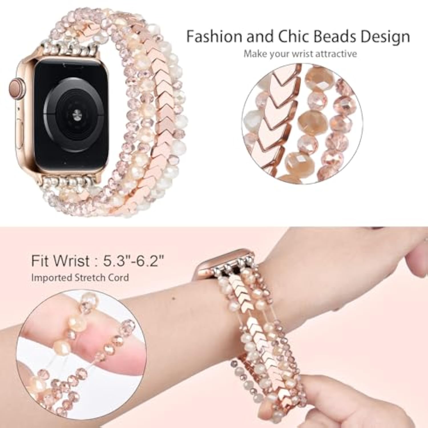Beaded Bracelet Compatible With Apple Watch Band 38Mm/40Mm/41Mm/42Mm?Series 10? 9/8/7/Se/6/5/4/3/2/1 Women Fashion Handmade Elastic Stretch Strap For Iwatch Bands Replacement Rose Gold