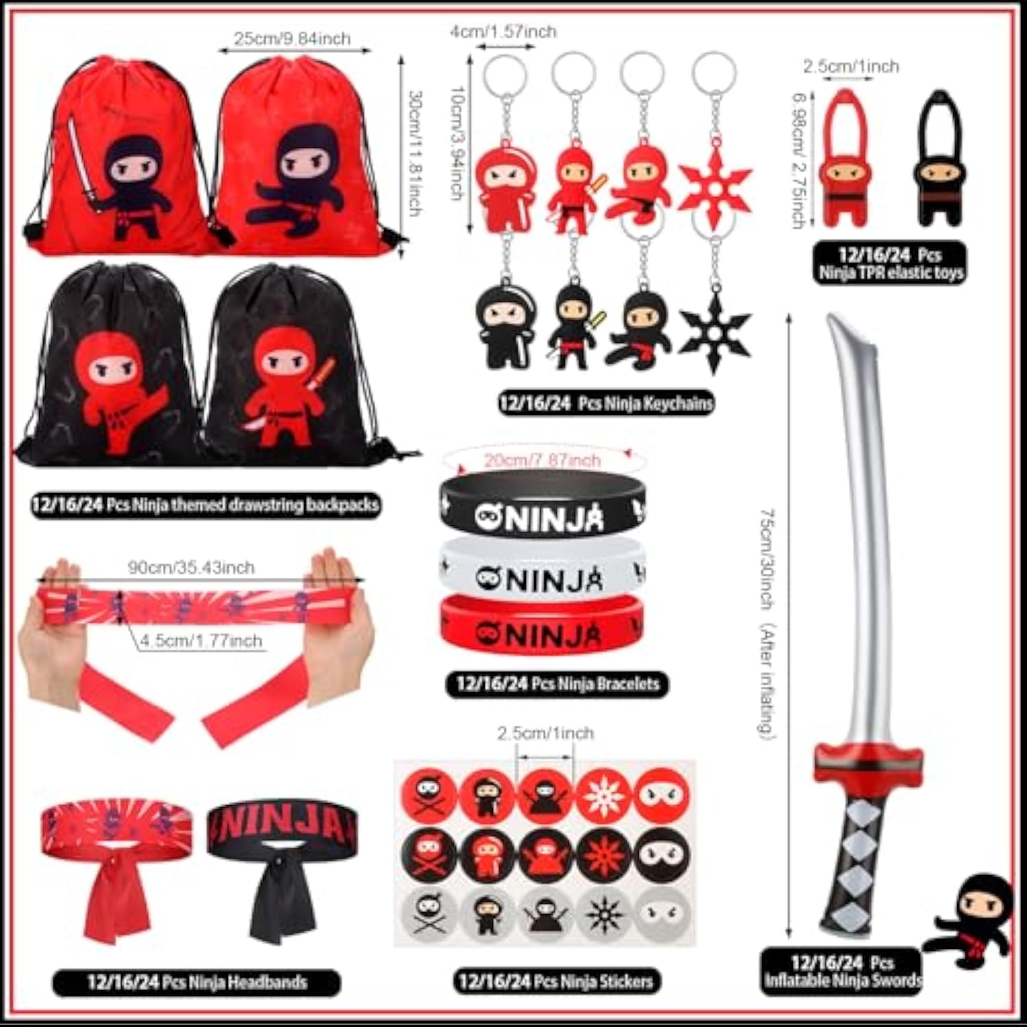 112 Pcs Ninja Pirate Party Favors With Drawstring Backpack Headband Inflatable Sword Bracelet Sticker Keychain Stretch Ninja Or Pirate Eye Mask For Karate Birthday (Ninja Style)