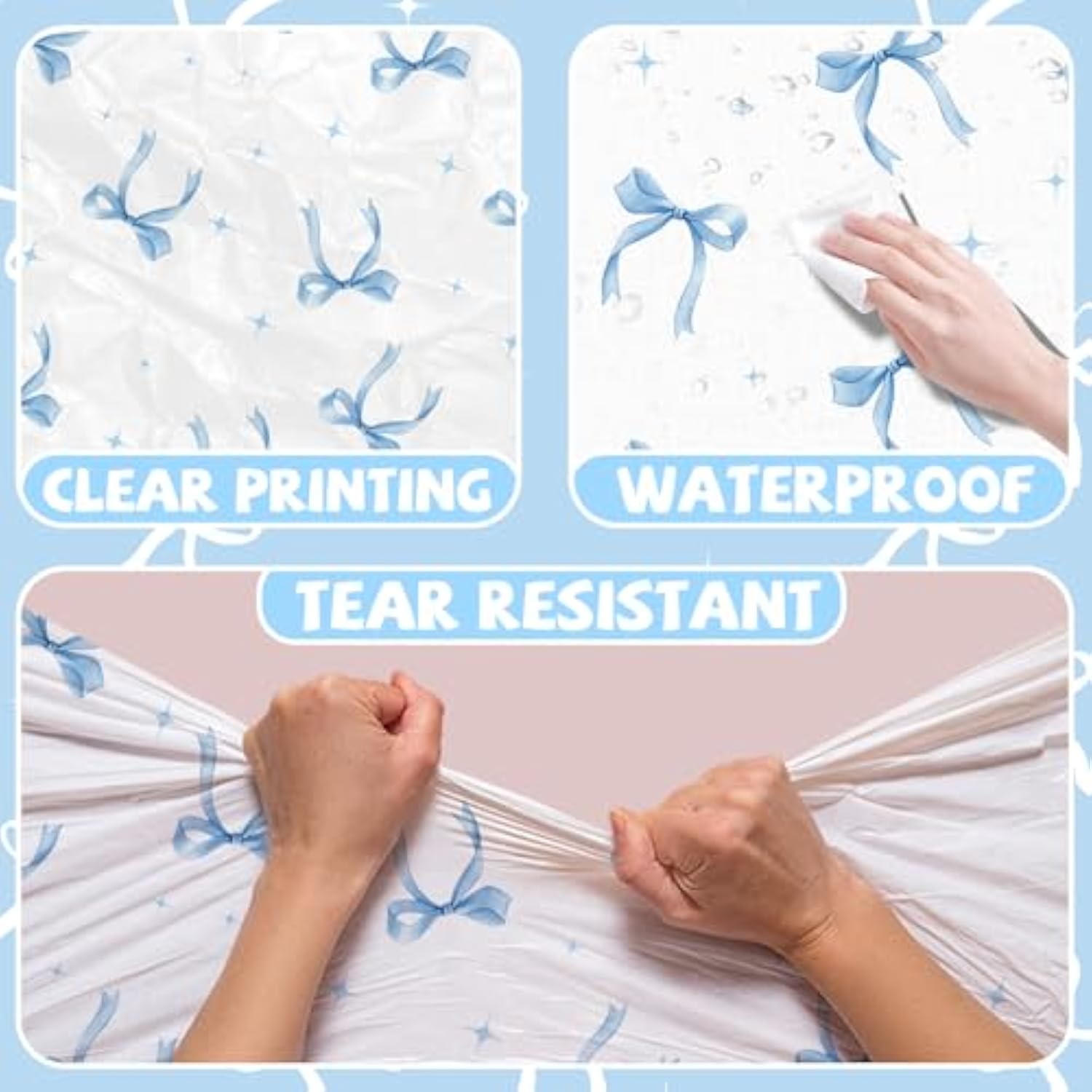 2Pcs Blue Bow Tablecloth,Coquette Birthday Decorations Bow Theme Plastic Table Cover Blue Bow Rectangle Tablecloth For Girls Women Bachelorette Baby Shower Party Decor