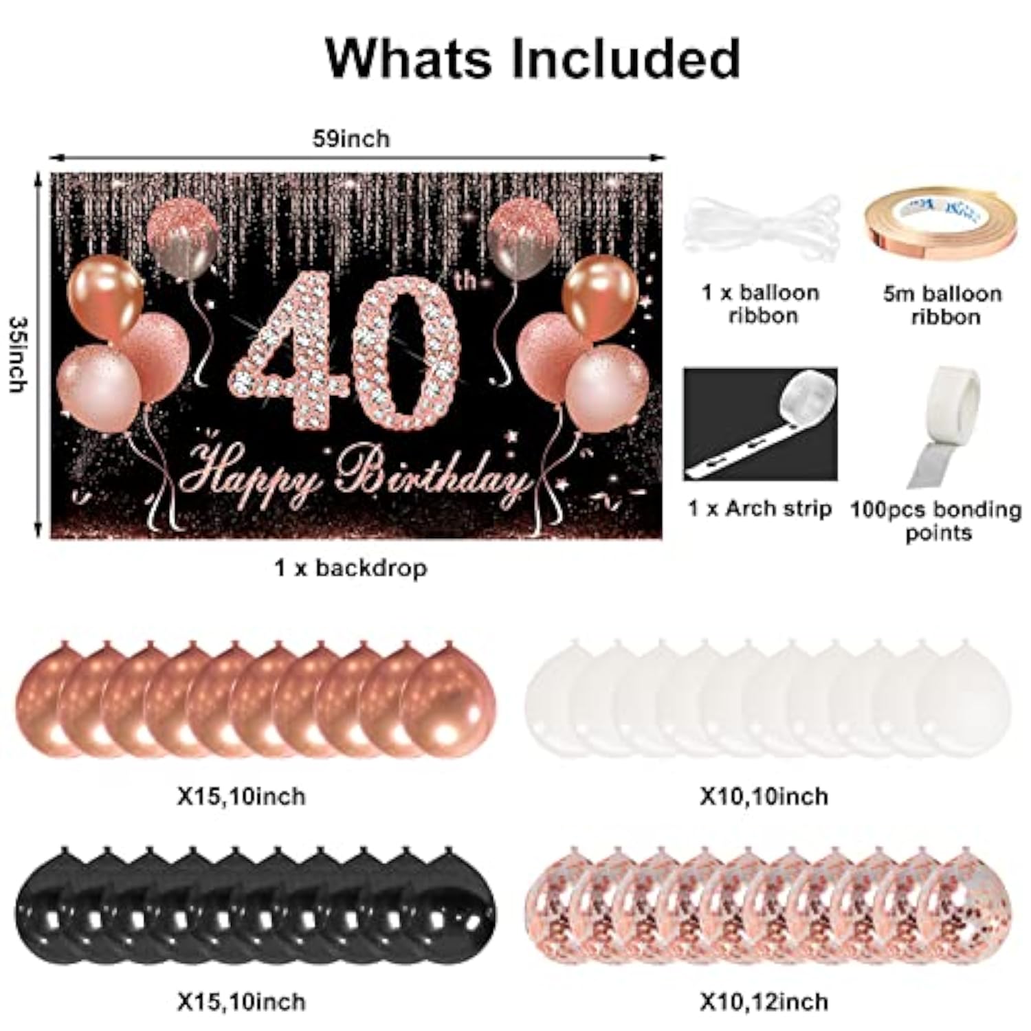 40Th Birthday Banner Decorations With Confetti Balloon Arch Garland, Rose Gold And Black Happy 40 Birthday Backdrop Balloon Kit Party Supplies For Women, Forty Year Old Bday Background Sign Decor