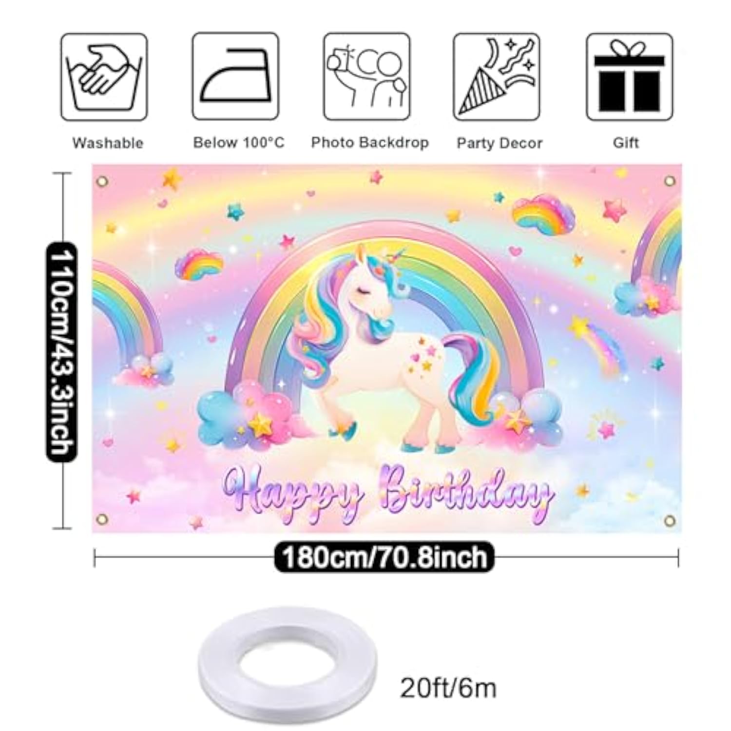 Unicorn Birthday Banner Backdrop Pastel Rainbow Unicorn Backdrop For Girls Birthday Decorations Party Supplies 70.8 X 43.3 Inch