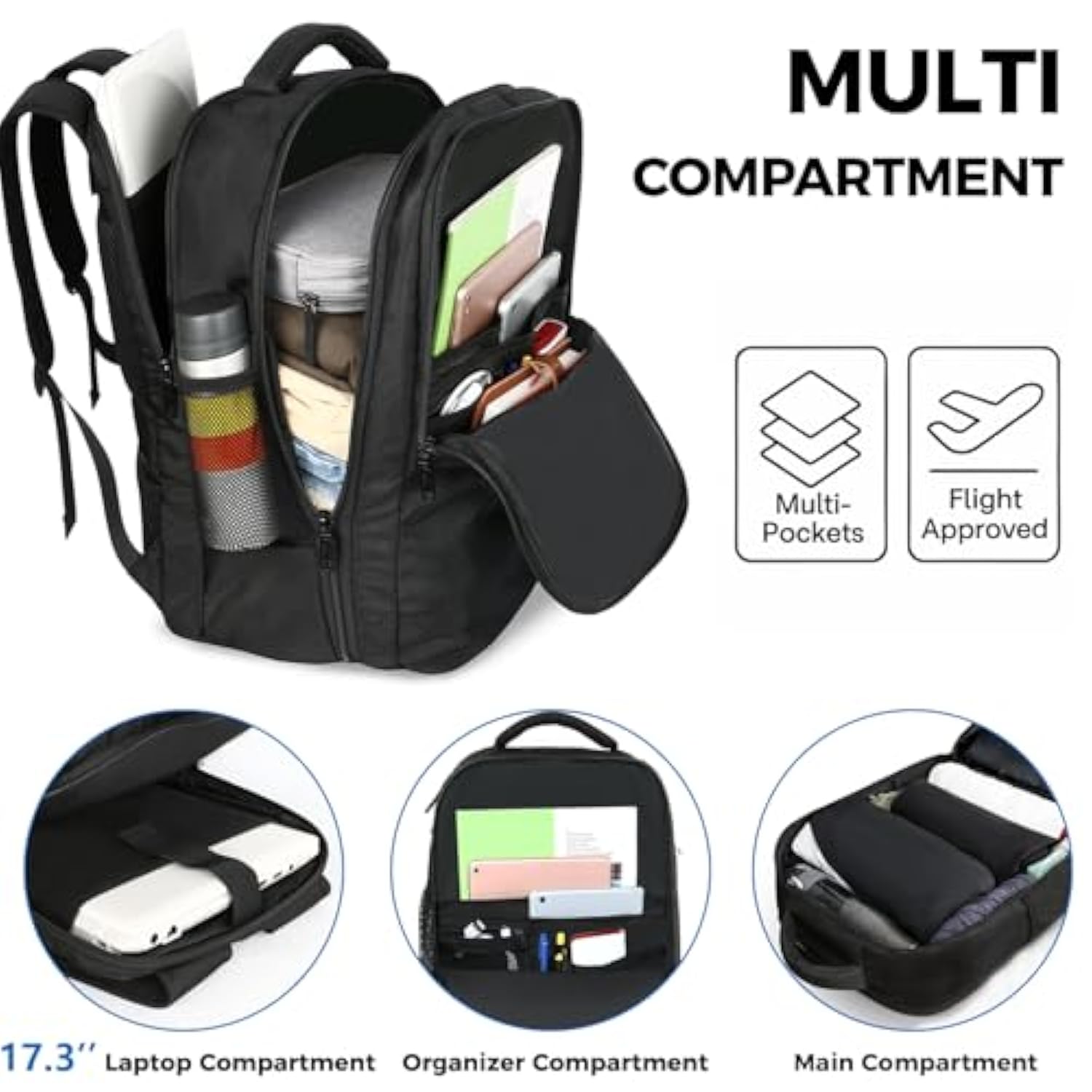 Carry On Backpack, Flight Approved Travel Backpack With Usb Port, Tsa Personal Item Travel Bag Fits 17" Laptop, Large Water Resistant Luggage Overnight Weekender Bag For Men & Women 40L, Black