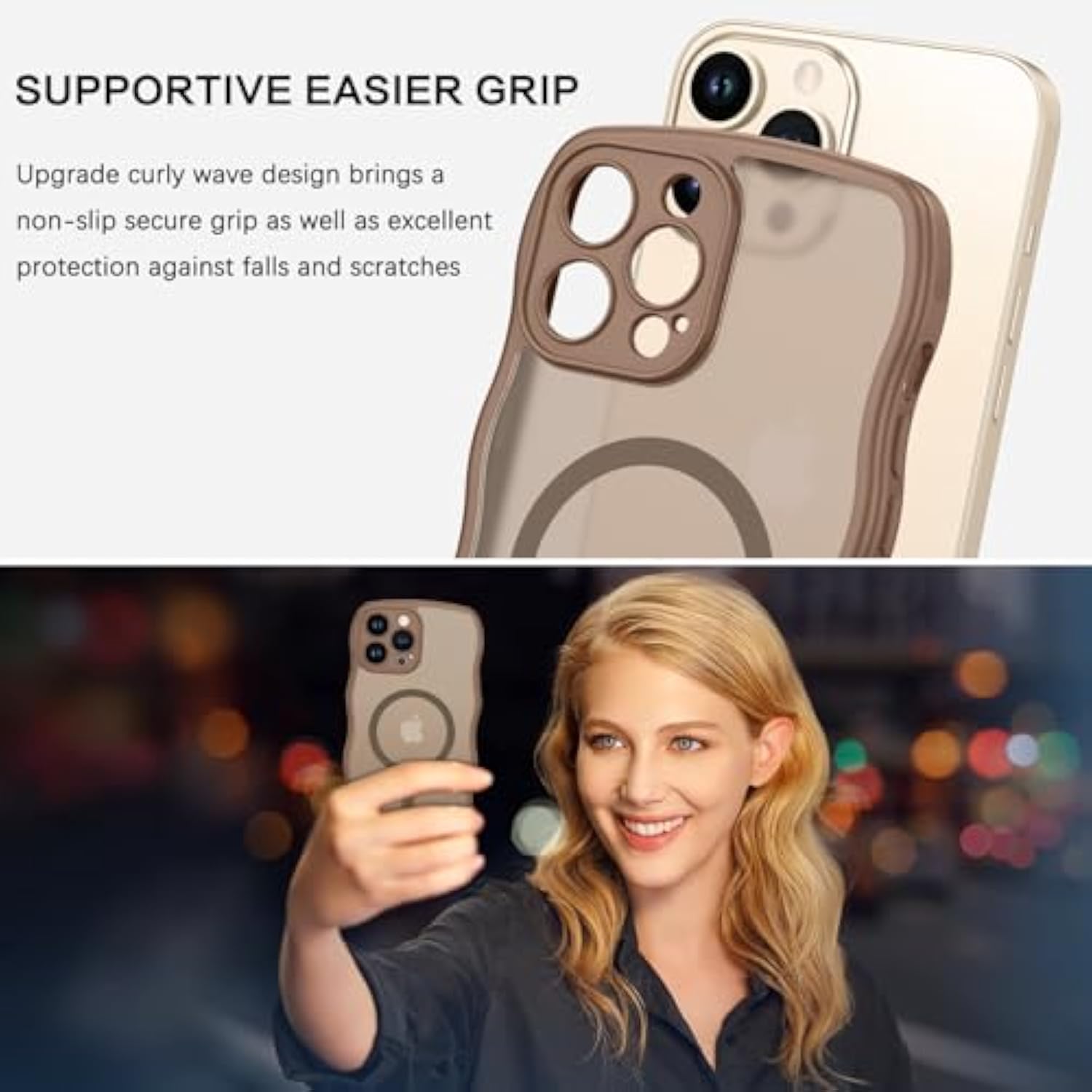 For Magnetic Iphone 13 Pro Case, [Compatible With Magsafe] [Curly Wave Frame Design] Non-Slip Easier Grip Shockproof Protective Bumper Cute Phone Cover For Iphone 13 Pro 6.1", Desert Titanium
