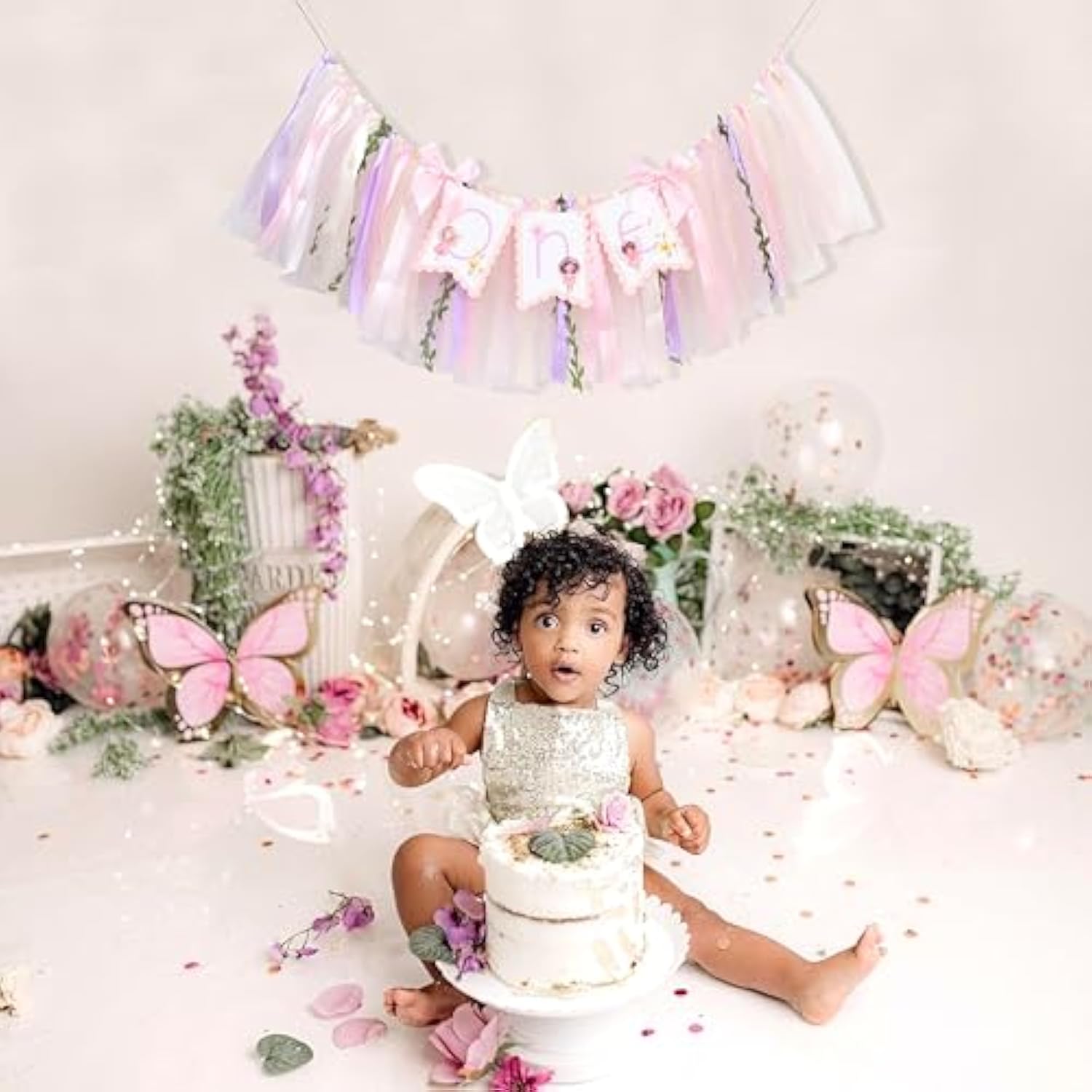 Fairy One High Chair Banner - Little Fairy 1St Birthday Party Decoration,Sweet Floral Highchair Banner With Ribbon,Princess Tea Party Photo Backdrop,Flower Fairies First Birthday Garland