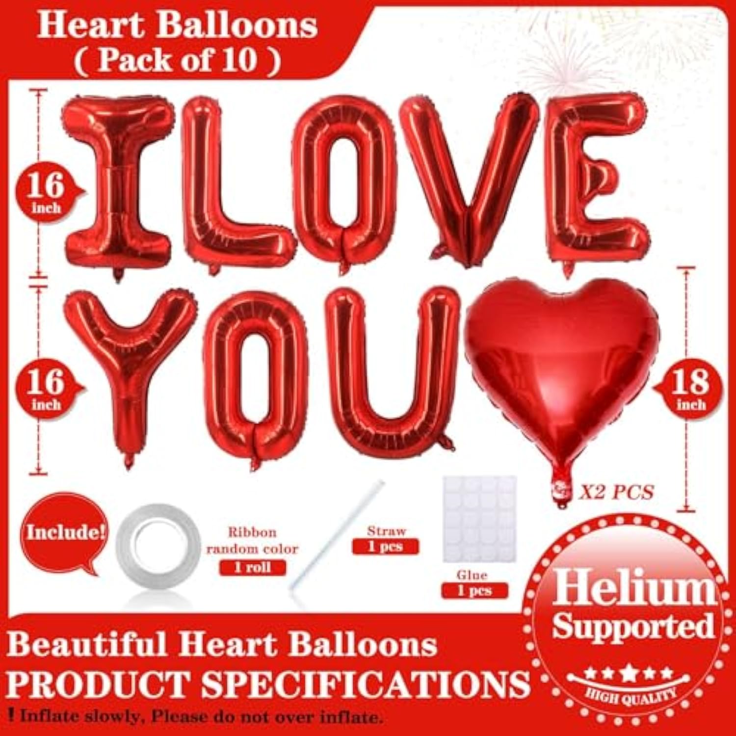 16 Inch Red I Love You Red Heart Balloons, 10 Pcs Red I Love You Letters Balloons Red Heart Valentine'S Day Balloons Banner For Valentine'S Day Wedding Ceremonies Party Decorations I Love You