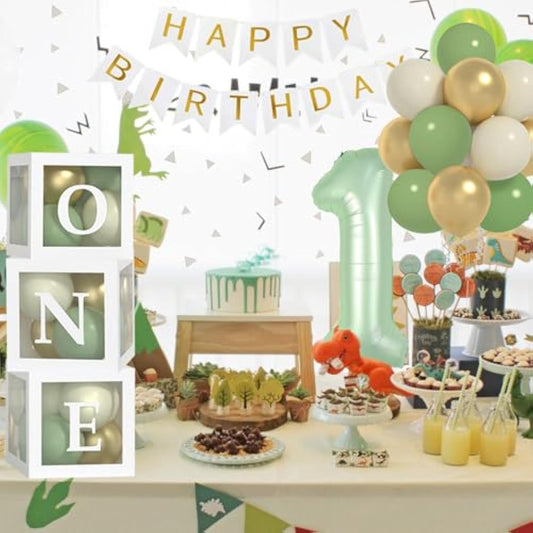 Sage One Year Old Birthday Decorations-One Balloon Box, 12 Inch Sage Green White Gold Balloons, 40 Inch Sage Number 1 Balloons And Happy Birthday Banner For Boy Girl First Birthday Decorations