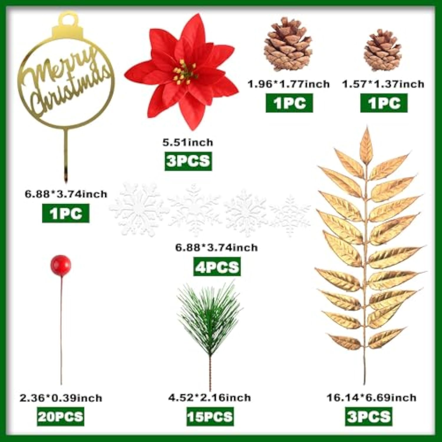 Merry Christmas Cake Topper with Pine Needles, Berries, and Flowers