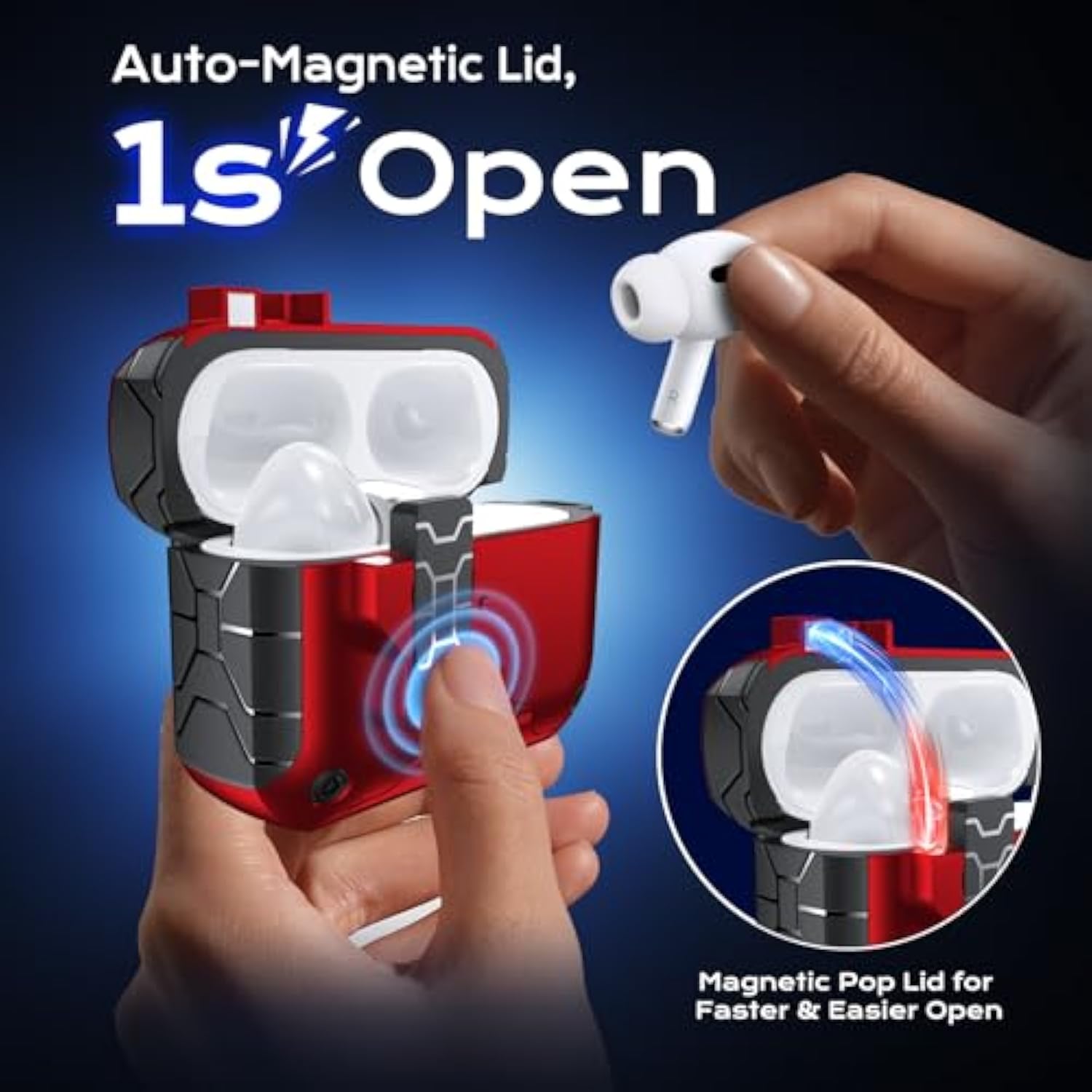 Magarmor Auto-Open For Airpods Pro 2Nd/1St Gen Case With Built-In Magnets, [One-Press Auto-Open] [Compatible With Mag-Safe Charging], Full-Body Mil-Grade Protective With Air-Al Carabiner Red