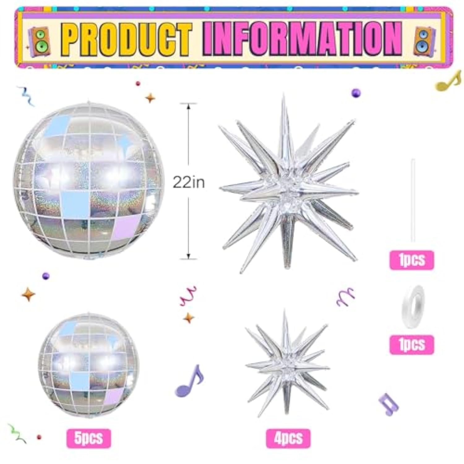 9Pcs Disco Ball Balloons Iridescent,22Inch Glitter Silver 4D Large Foil Disco Balloons With Explosion Star Balloon For Birthday Bachelorette 70S 80S 90S Disco Theme Party Decorations