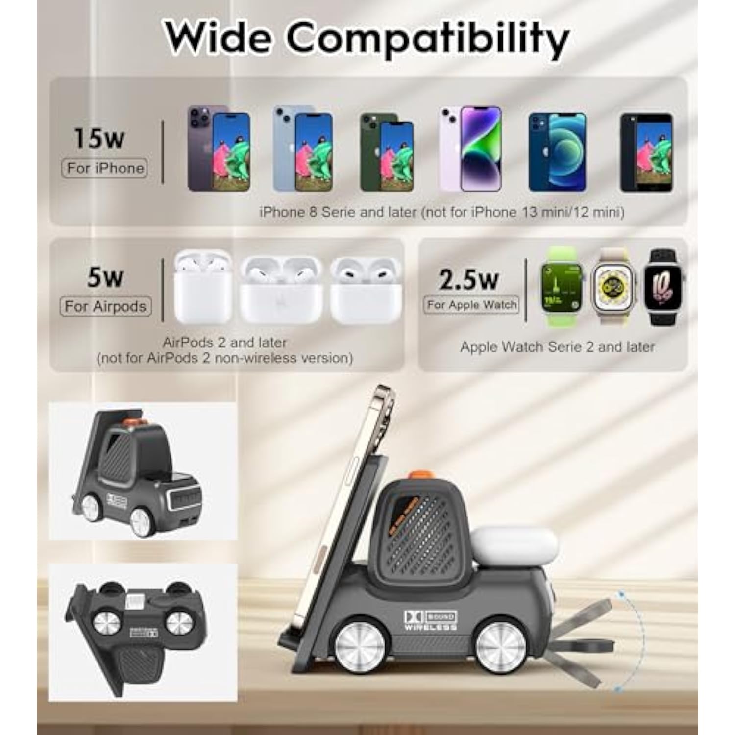 Forklift Wireless Charging Station With Bluetooth Speaker, 4 In 1 Wireless Fast Charger Multiple Devices, Compatible With Iphone16 15 14 13 Pro Max Series, Apple Iwatch, Airpods, Android Phones