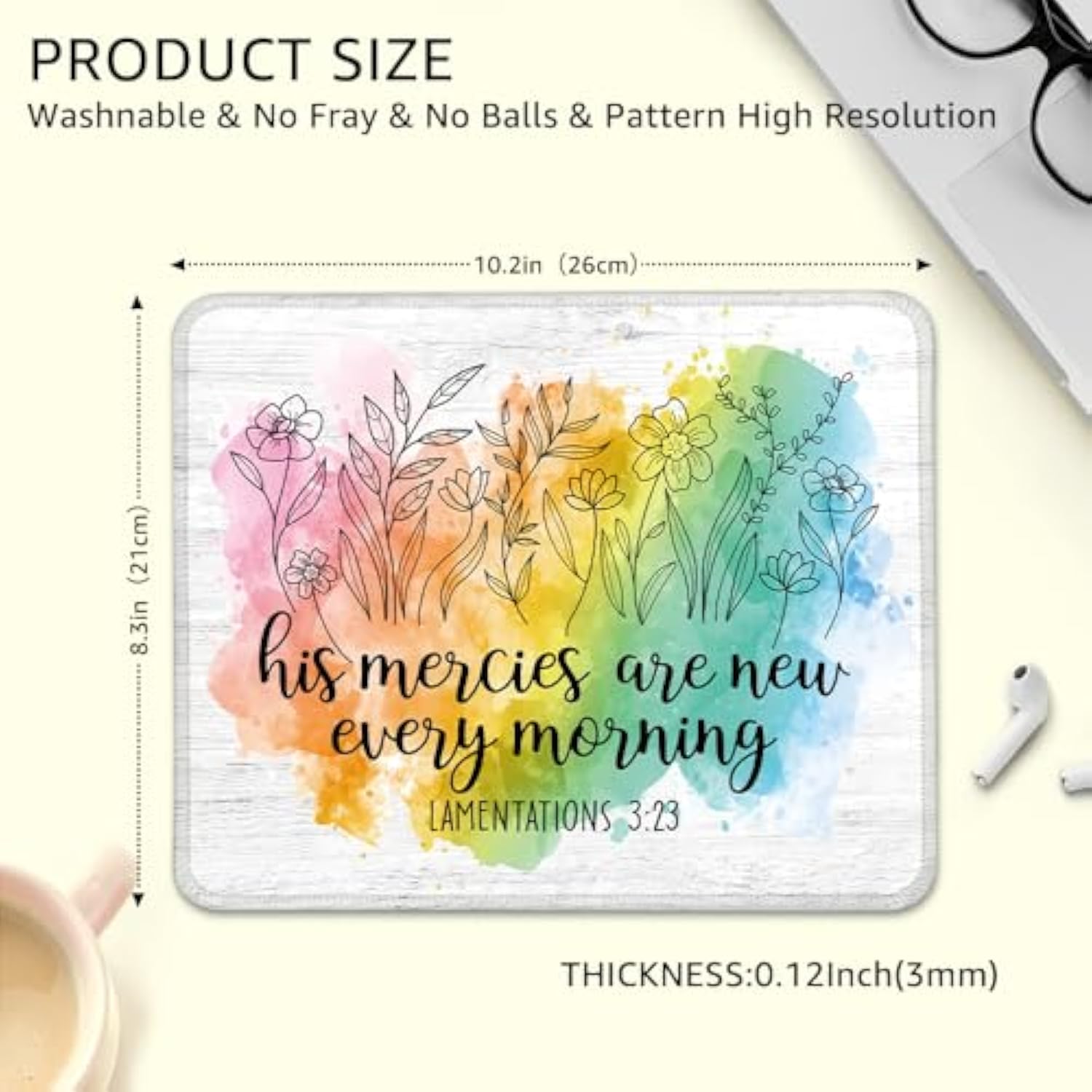 His Mercies Are New Every Morning Non-Slip Mouse Pad, Funny Watercolors Floral Gifts For Christian Employees, Inspirational Christian Art Gifts, Encouragement Gifts, Bible Verse Matthew