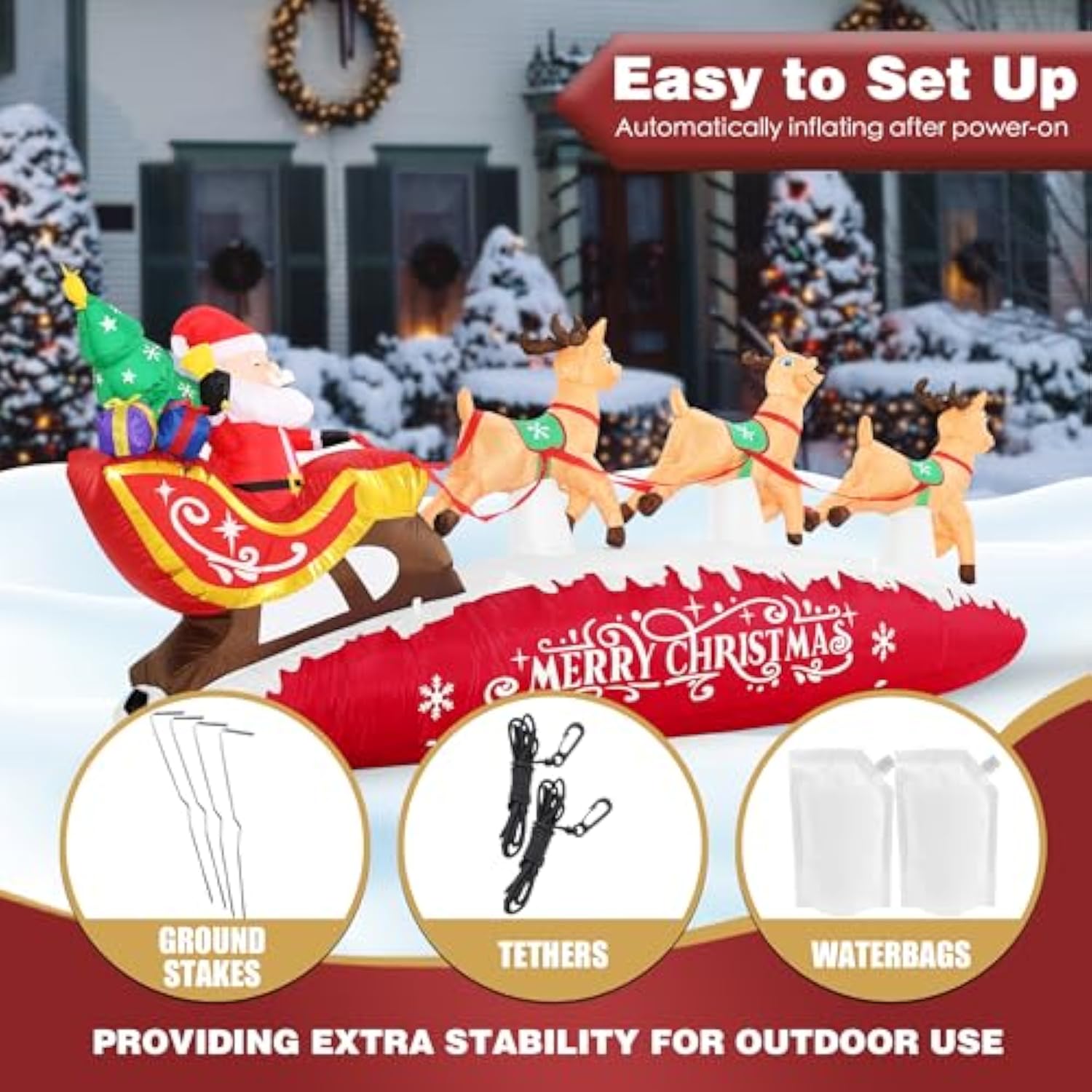 10 Ft Santa Sleigh With Reindeer Christmas Inflatables Outdoor Decorations, Christmas Blow Up Yard Decorations For Garde