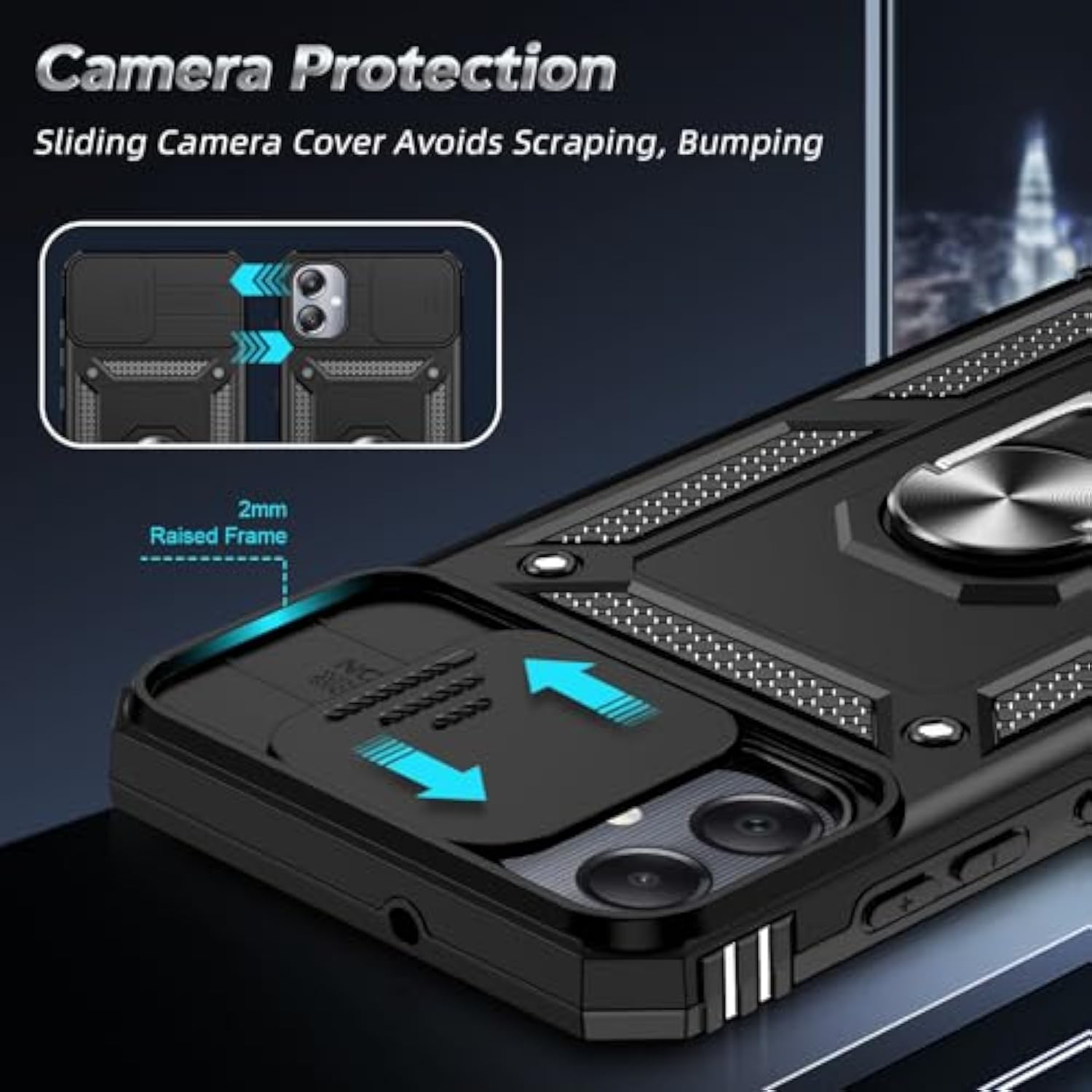 For Galaxy A05 Case, Samsung Ao5 Phone Case With Slide Camera Cover + Tempered Glass Screen Protectors, Military-Grade Cell Phone Case Cover With Metal Ring Kickstand For Samsung A05, Black