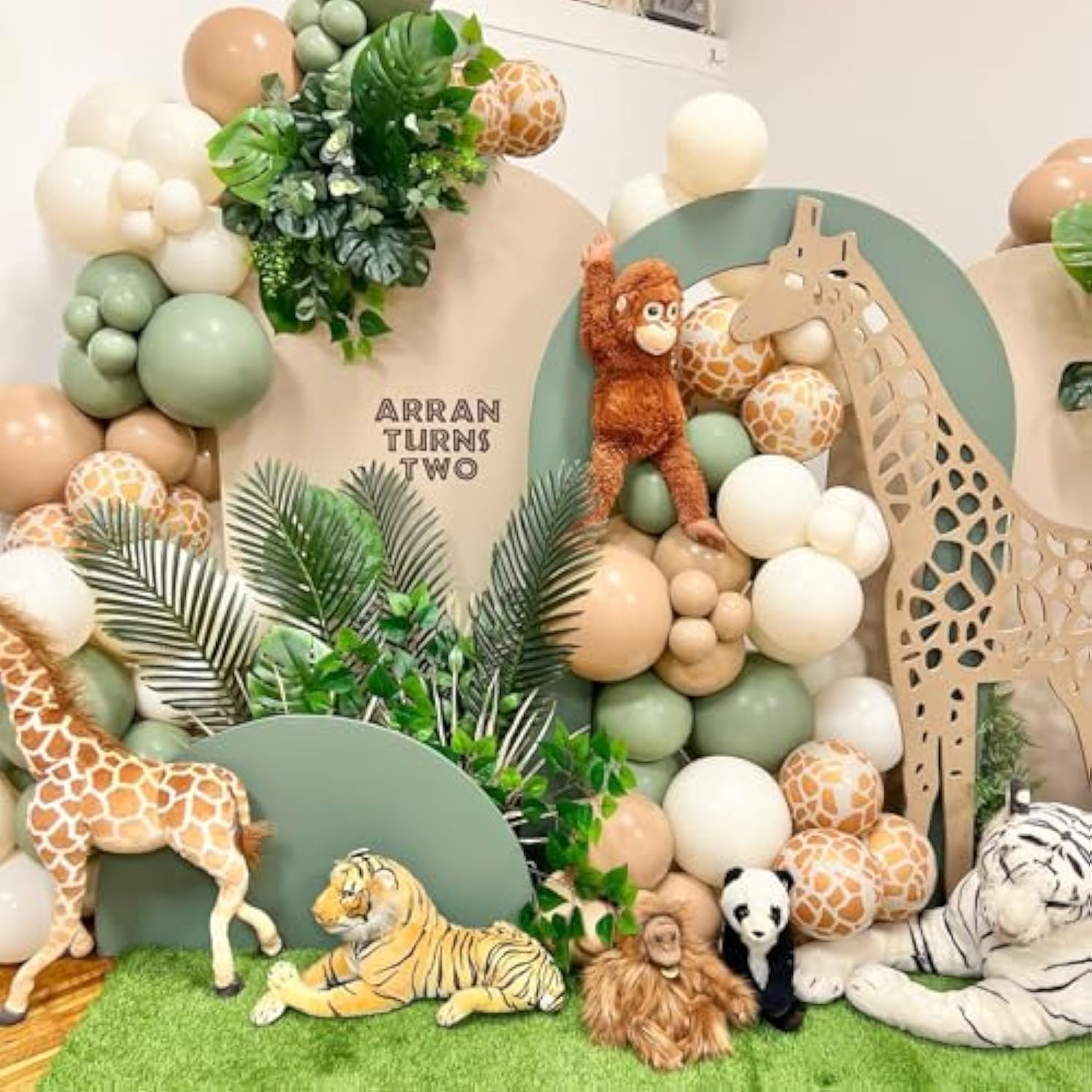 Safari Jungle Balloon Garland Arch Kit Sage Green And Brown Balloons With Animal Print For Wild One Tropical Theme Party Supplies For First Bithday Baby Shower Wedding Decorations