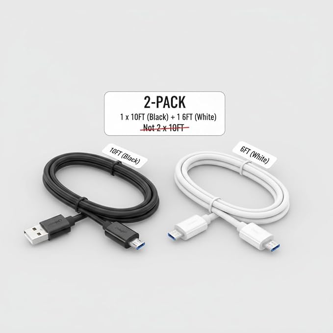 2 Pack Micro USB Cable 10FT and 6FT Extra Long Android Charger Cord for PS4 Controller Kindle Security Camera