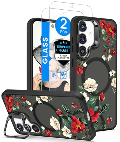 Magnetic for  Galaxy S25-FE Case Floral,Built-in Lens Stand, Screen Protector,Magnetic Translucent Matte Phone Cases,Shockproof Women Girls