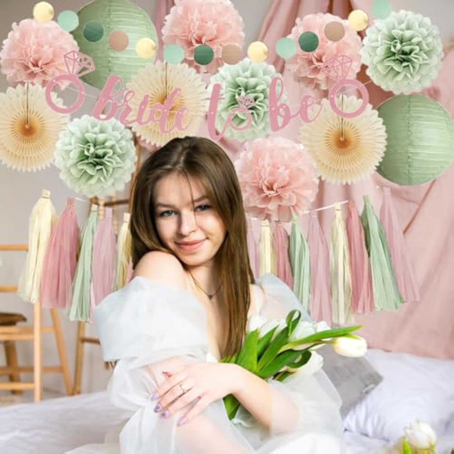 Sage Green And Blush Pink Bridal Shower Decorations Boho Bride To Be Decorations Sage Green And Pink Bachelorette Party Decorations Beige Fans Dusty Rose Tissue Pom Poms With Cream Tassel Garland