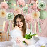 Sage Green And Blush Pink Bridal Shower Decorations Boho Bride To Be Decorations Sage Green And Pink Bachelorette Party Decorations Beige Fans Dusty Rose Tissue Pom Poms With Cream Tassel Garland