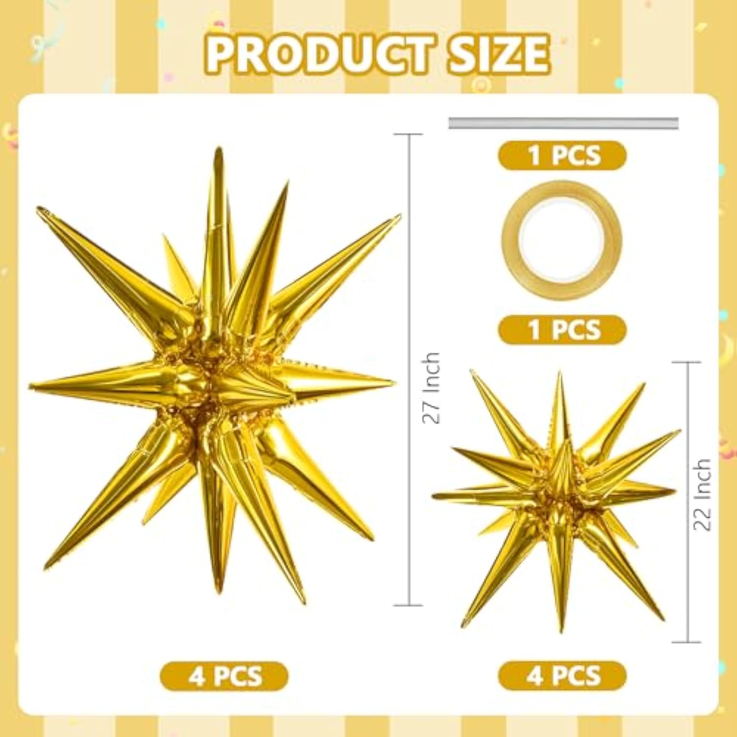8Pcs Gold Star Foil Balloons Large Mylar Party Backdrop Decorations
