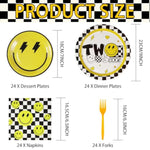 96 Pcs Two Cool Dude Birthday Party Decorations 350 Gsm 2Nd Birthday Party Supplies Tableware Set For Two Year Old Happy Dude Yellow Black Lightening Checkered Party Baby Shower Decor Serves 24 Guests