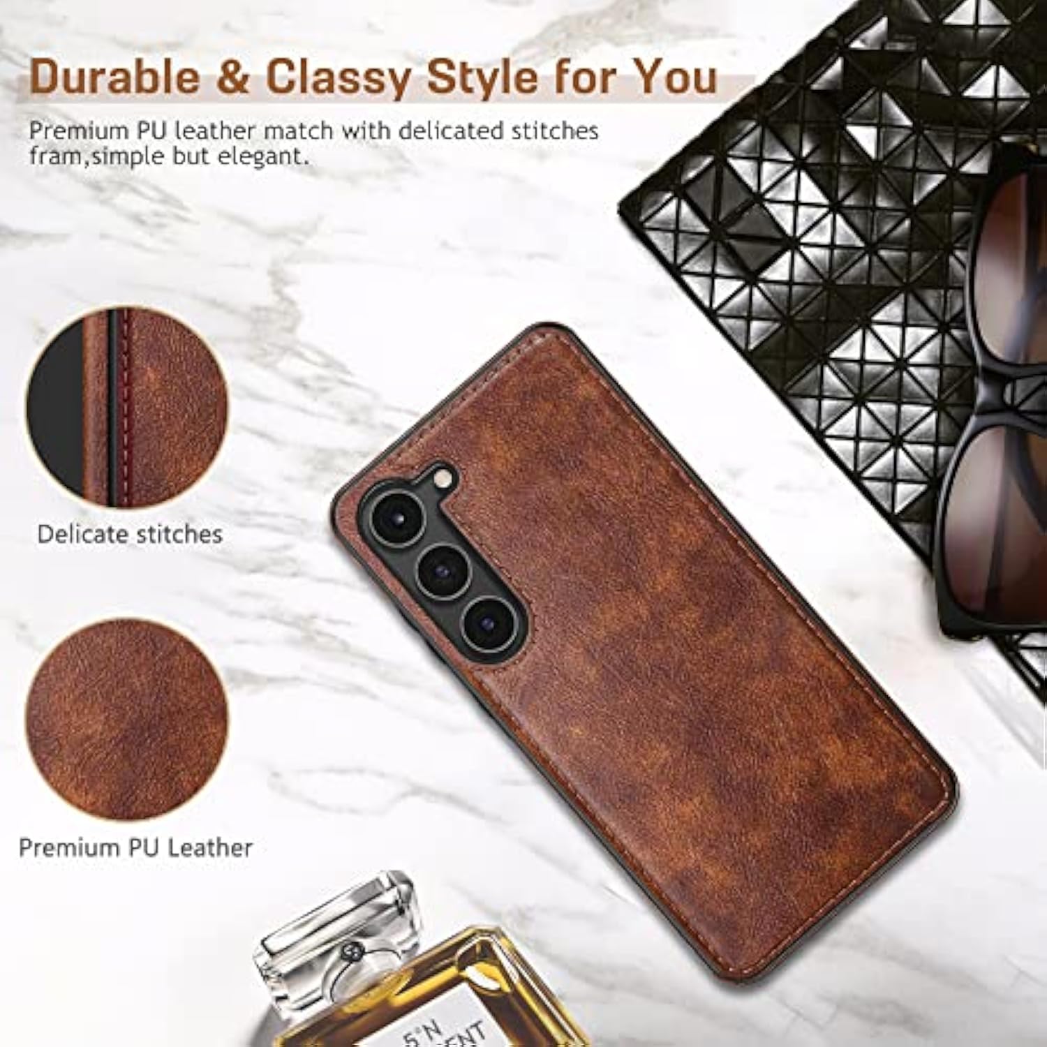 For Galaxy S23 Case 5G, Premium Leather Luxury Pu Non-Slip Grip Rugged Bumper Shockproof Full Body Protective Cover Men Women Phone Cases For Samsung Galaxy S23 (2023) 6.1 Inch - Brown