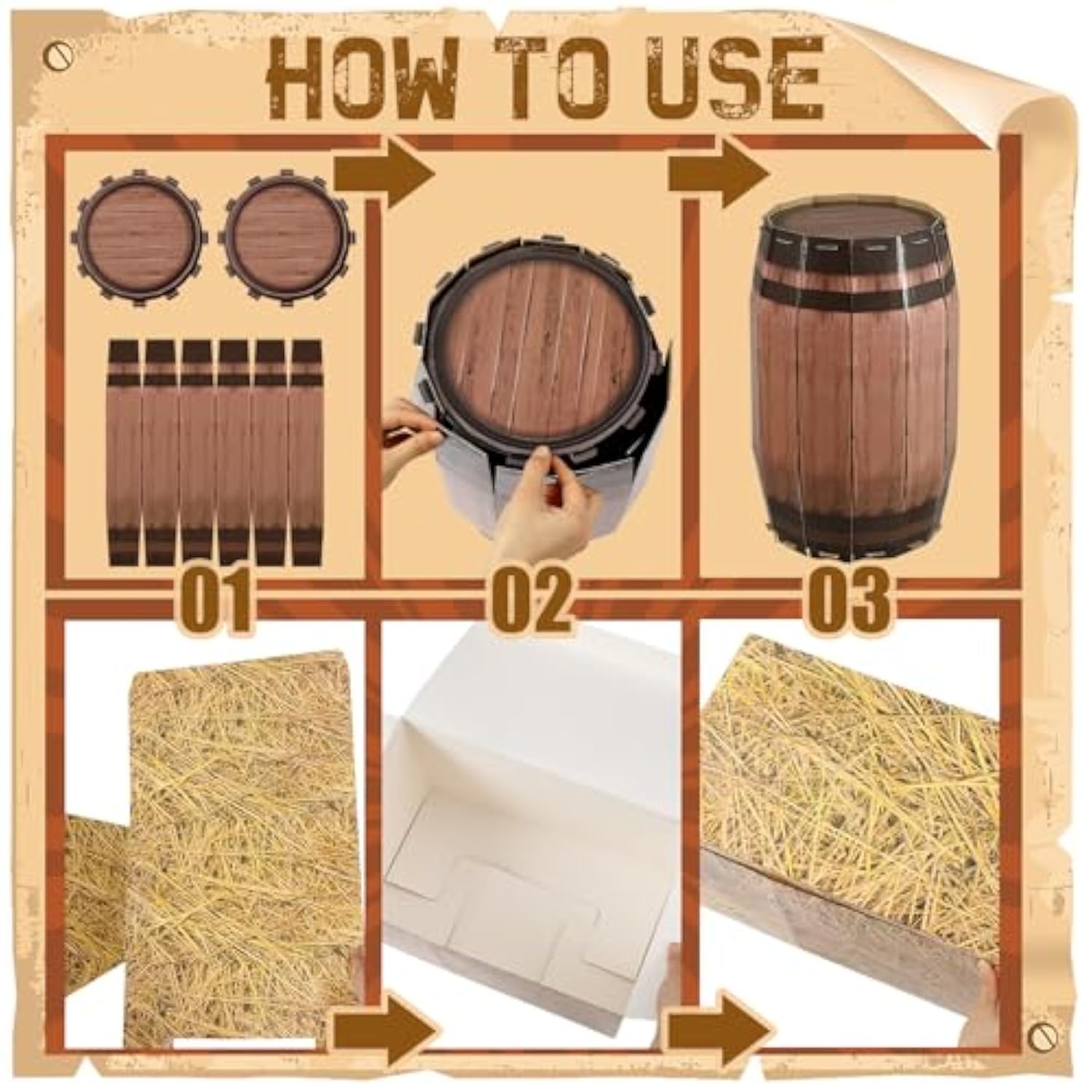 7Pcs Western Cowboy Party Decor Hay Bales, Cactus, Wagon Wheel & Backdrop Banner