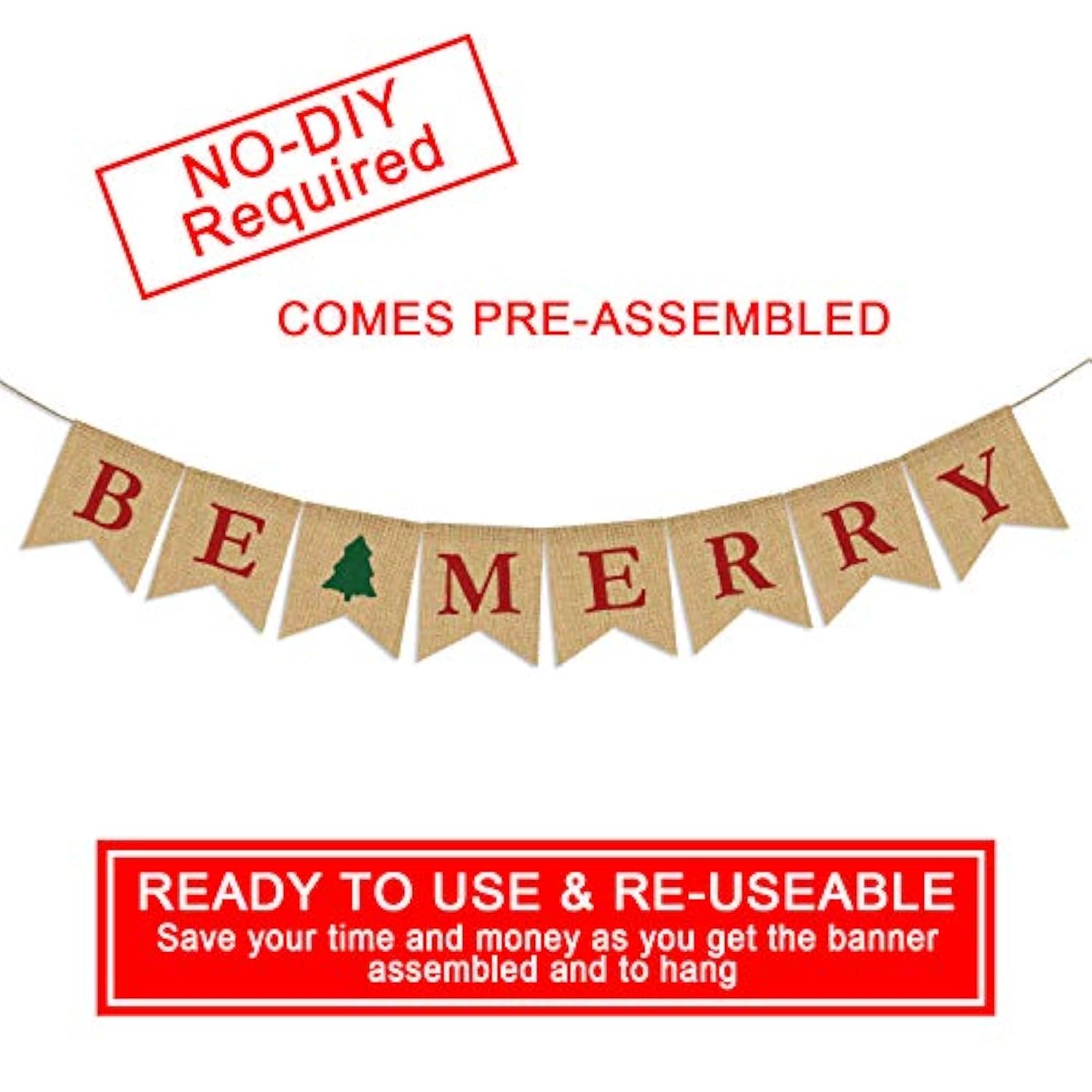Be Merry Christmas Tree Garland | Holiday Bunting | Indoor/Outdoor Natural Burlap Banner