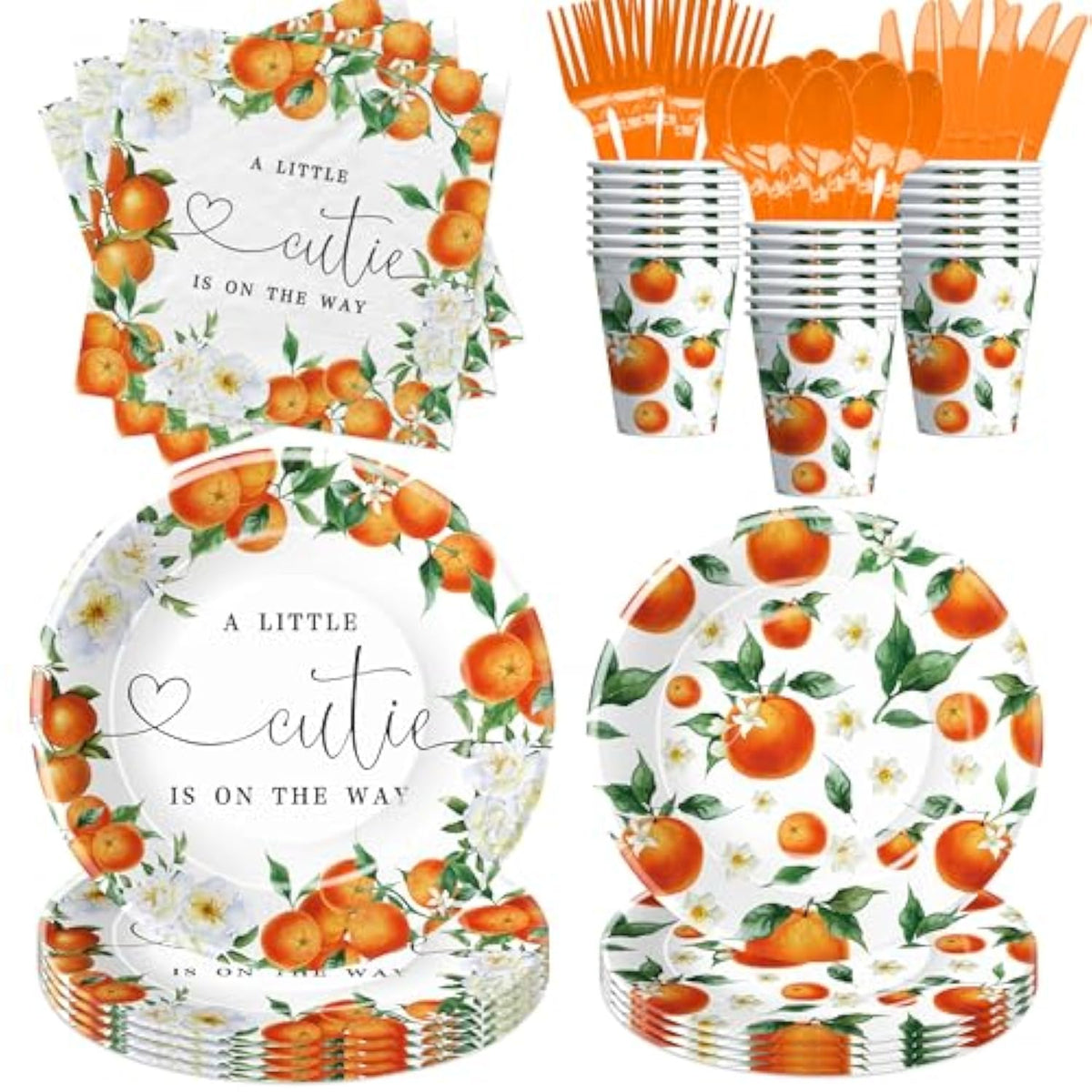 Little Cutie Baby Shower Decorations Tableware, Fruit Orange Baby Shower Decorations, Paper Plates And Napkins, Cup, Cutlery | Serves 24