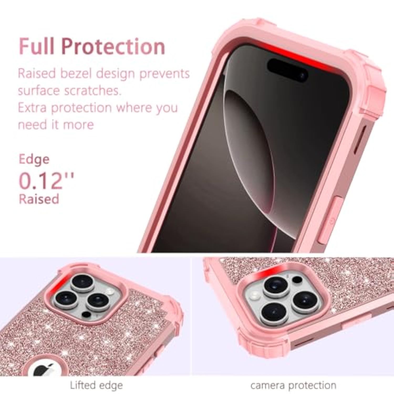For Iphone 16 Pro Max Case Glitter Sparkly Bling 3 In 1 Shockproof Heavy Duty Hybrid Sturdy High Impact Protective Cover Case For Apple Iphone 16 Pro Max 6.9 Inch 2024,Rose Gold