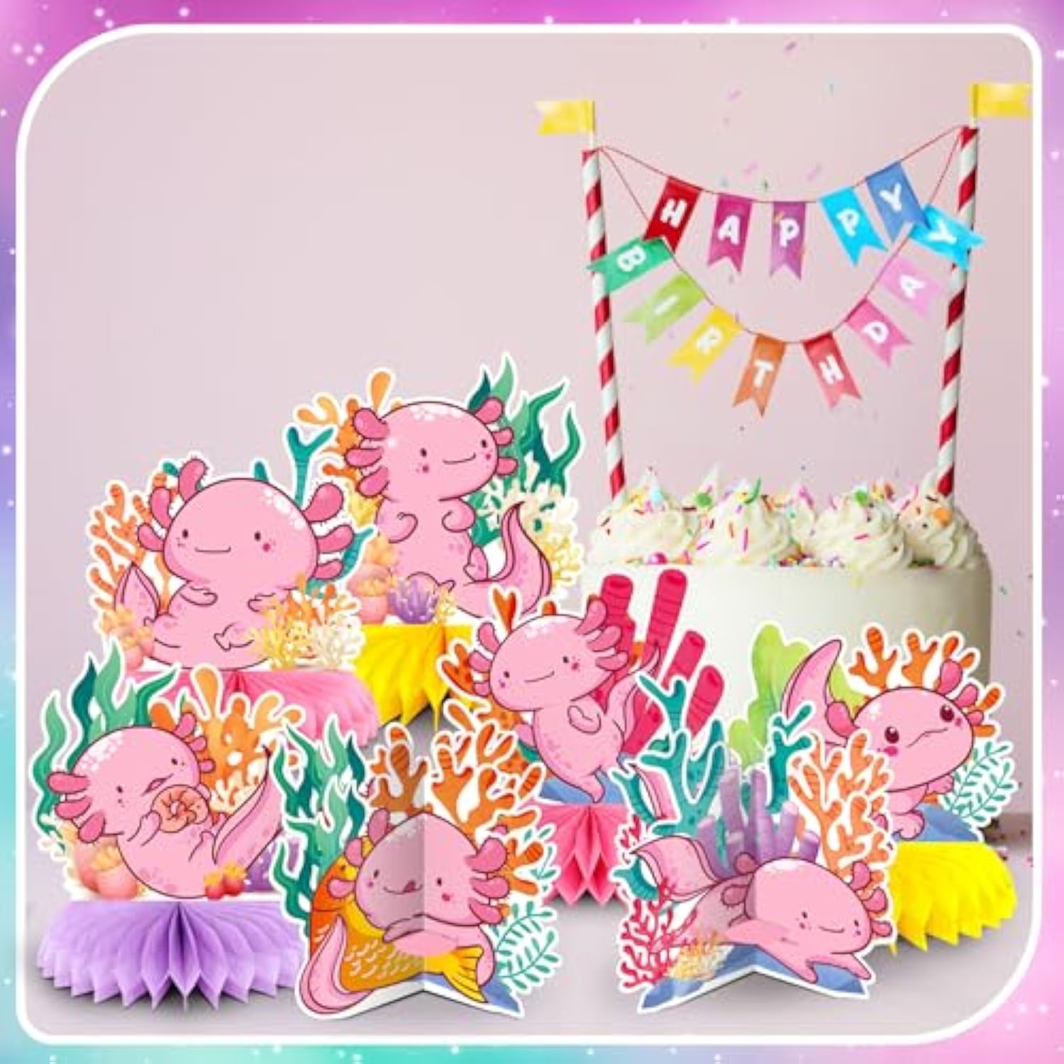 12 Pcs Axolotl Birthday Party Decorations Axolotl Honeycomb Centerpieces Table Decoration 3D Double Side Cute Table Topper For Axolotl Backdrop Party Favor